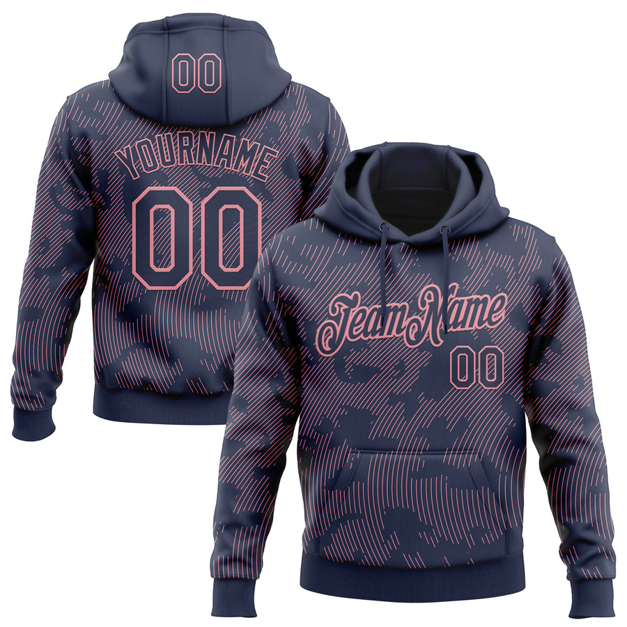 Custom Stitched Navy Medium Pink Curve Lines Sports Pullover Sweatshirt Hoodie