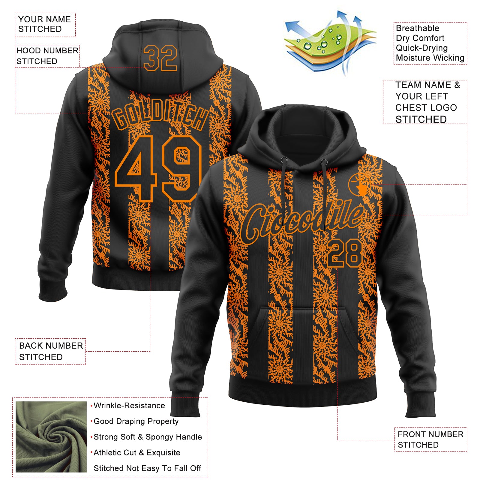 Custom Stitched Black Bay Orange Abstract Shape Pattern Sports Pullover Sweatshirt Hoodie