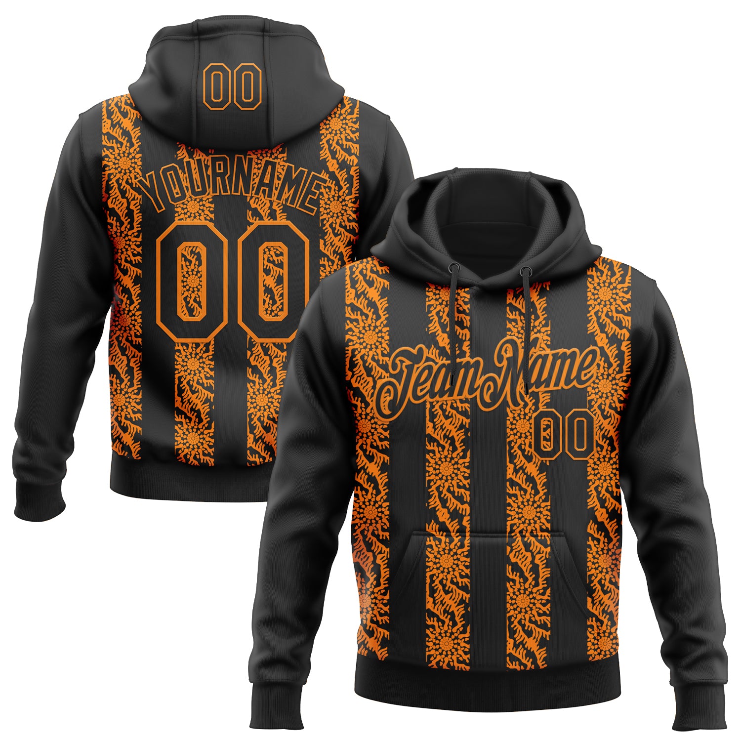 Custom Stitched Black Bay Orange Abstract Shape Pattern Sports Pullover Sweatshirt Hoodie
