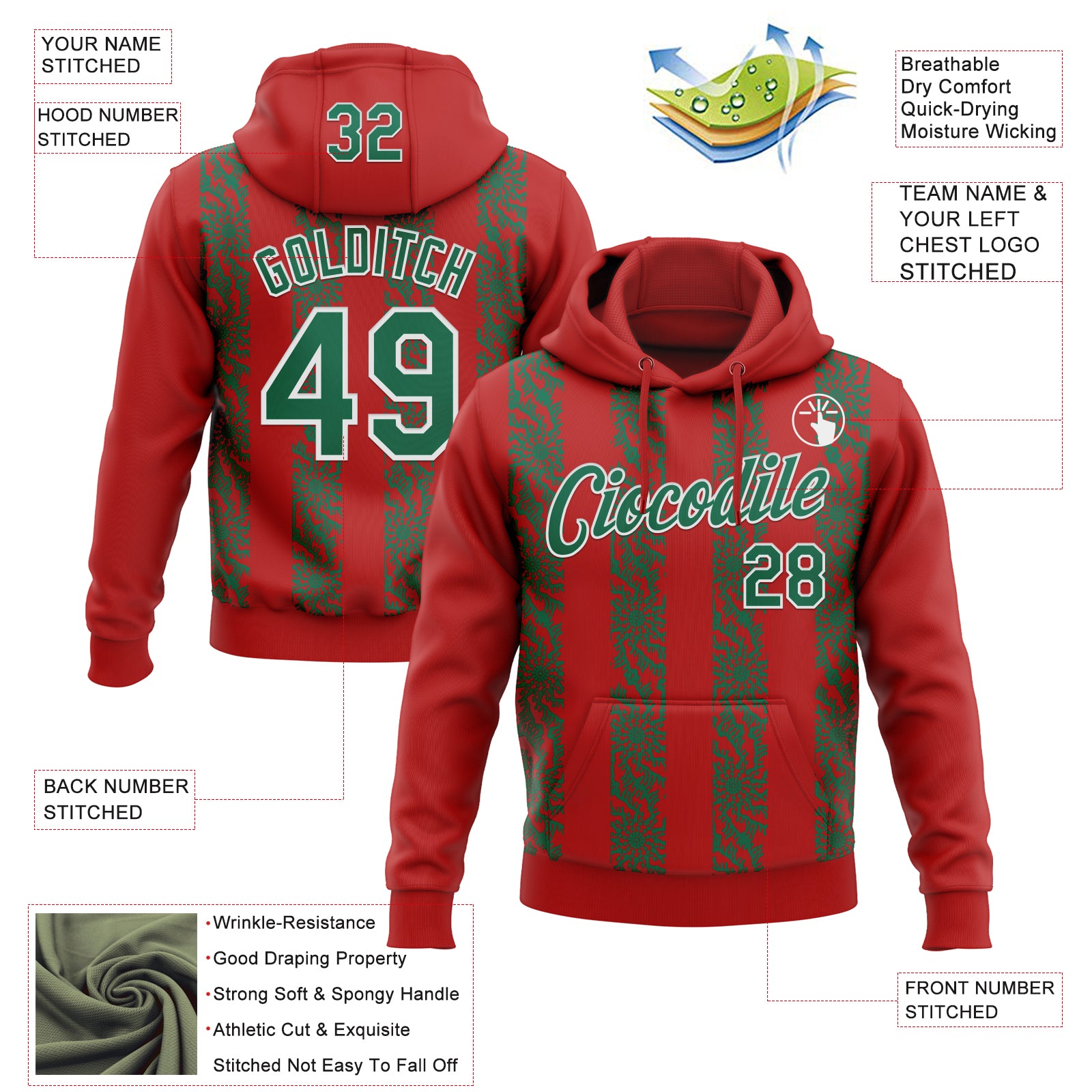 Custom Stitched Red Kelly Green-White Abstract Shape Pattern Sports Pullover Sweatshirt Hoodie