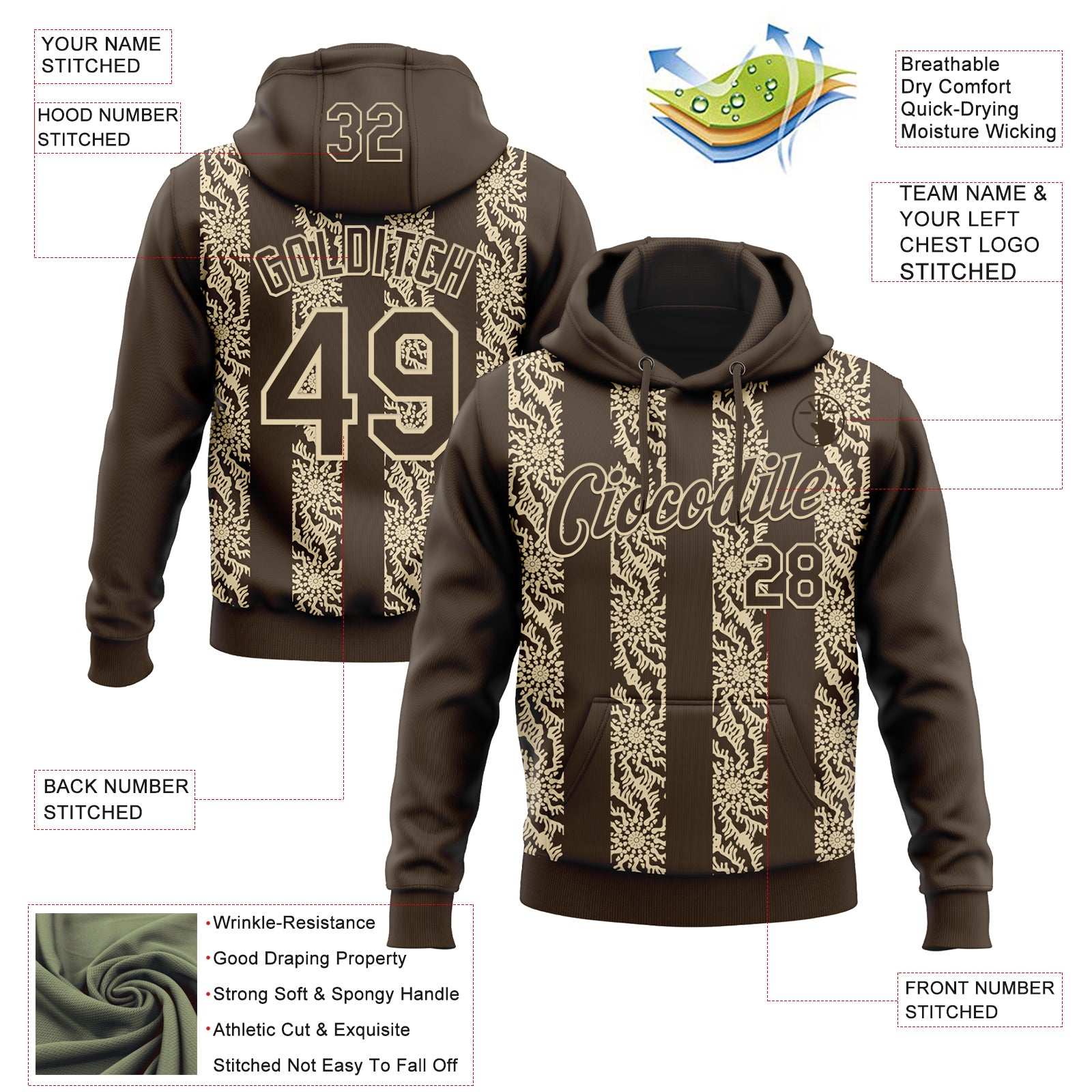 Custom Stitched Brown Cream Abstract Shape Pattern Sports Pullover Sweatshirt Hoodie