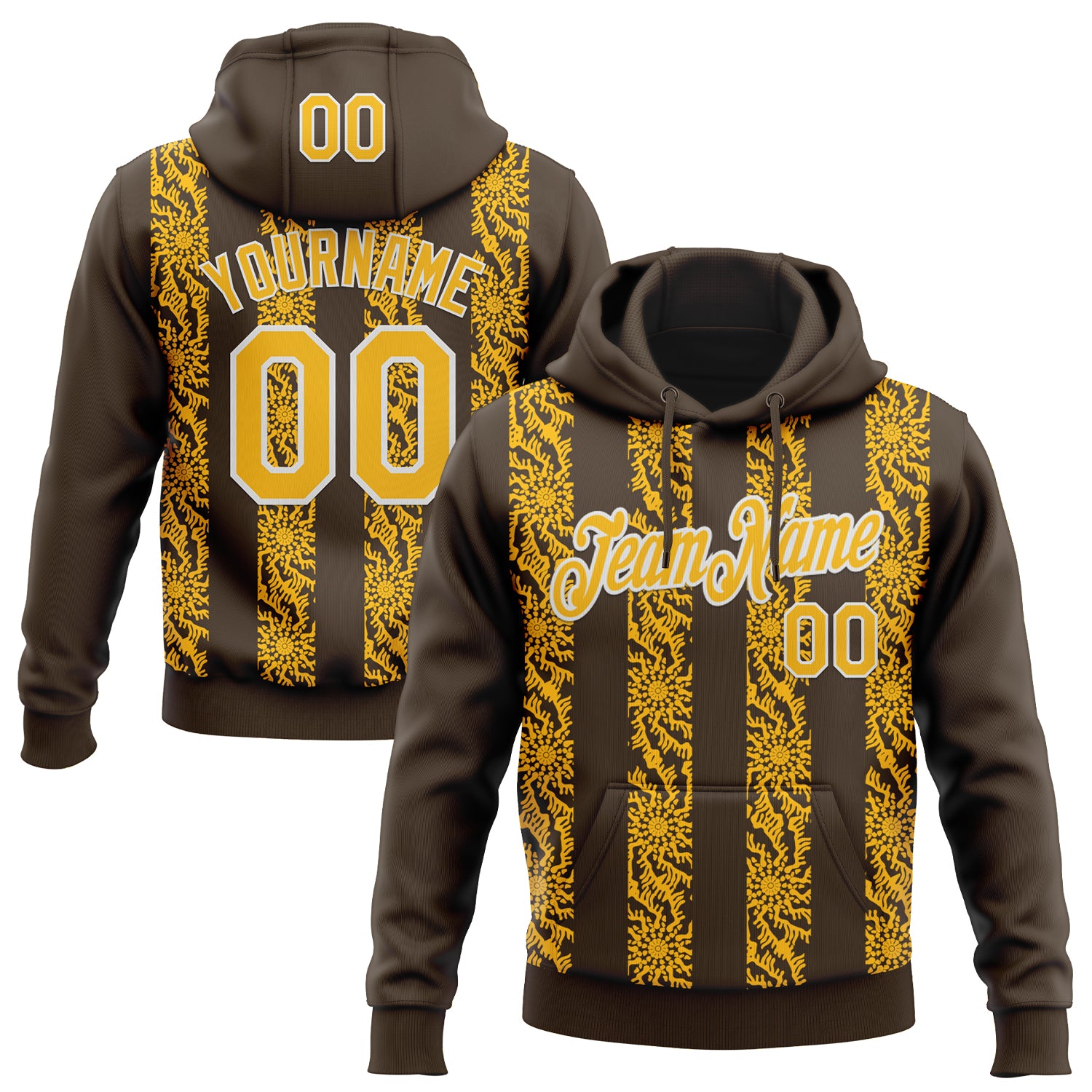 Custom Stitched Brown Gold-White Abstract Shape Pattern Sports Pullover Sweatshirt Hoodie