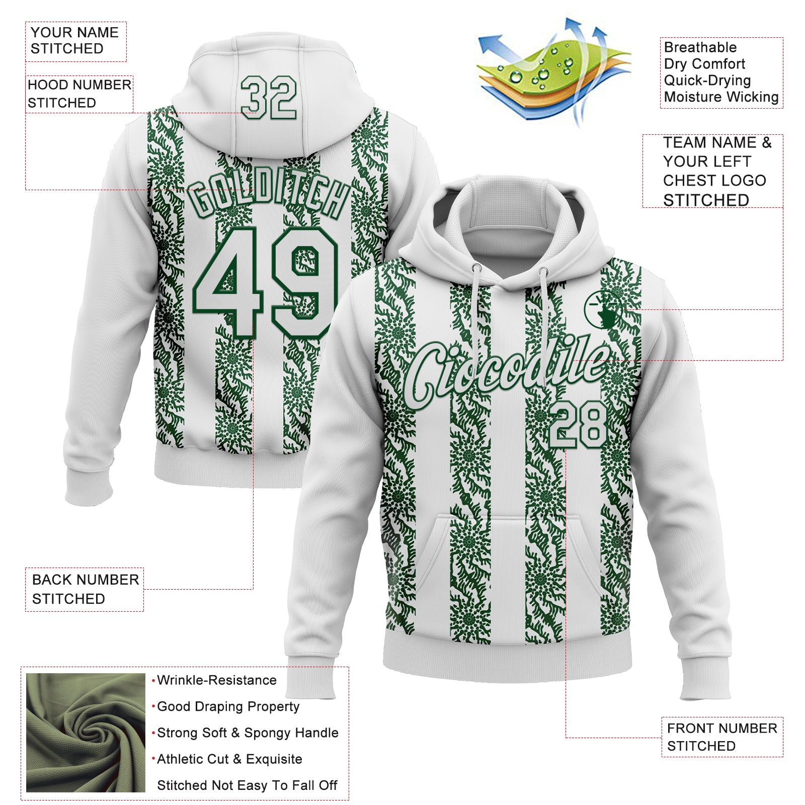 Custom Stitched White Green Abstract Shape Pattern Sports Pullover Sweatshirt Hoodie