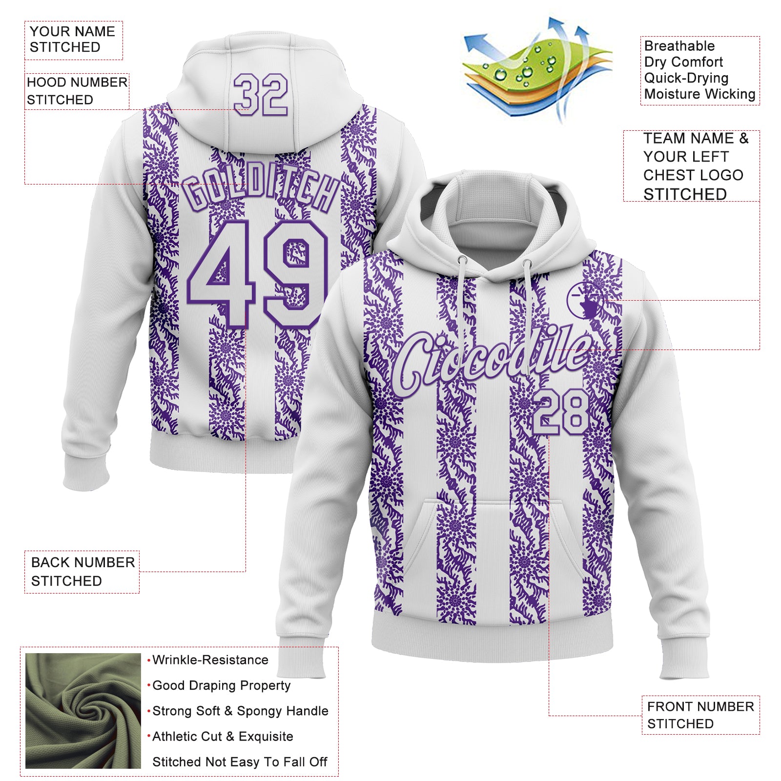 Custom Stitched White Purple Abstract Shape Pattern Sports Pullover Sweatshirt Hoodie