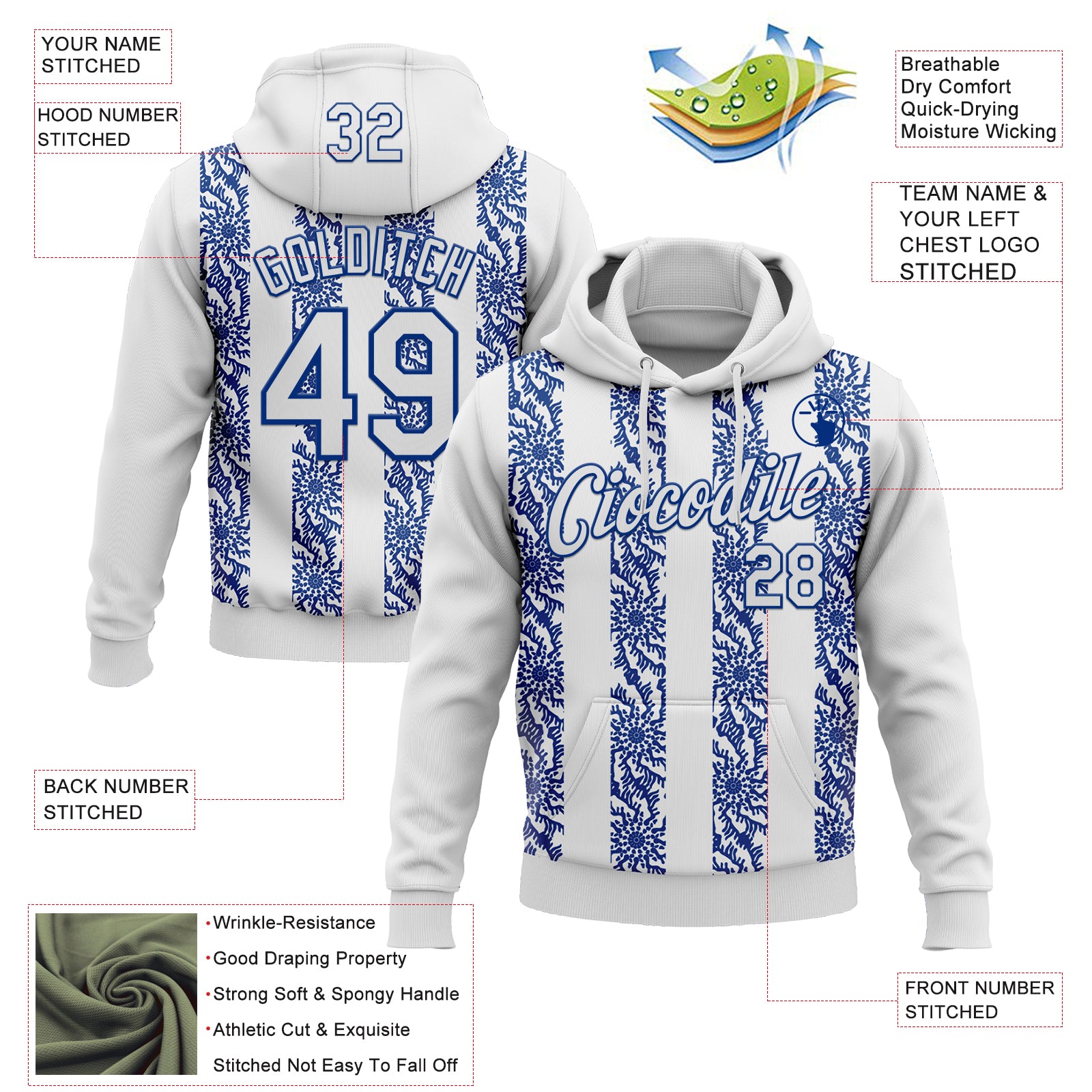 Custom Stitched White Royal Abstract Shape Pattern Sports Pullover Sweatshirt Hoodie