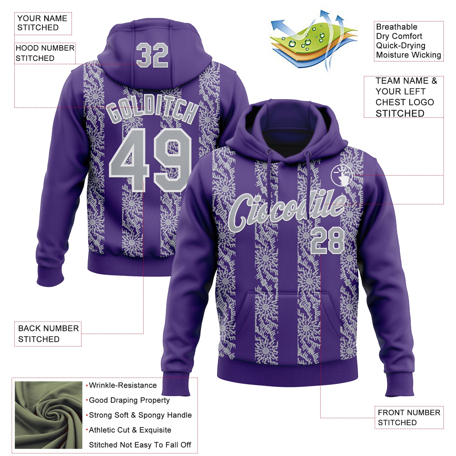 Custom Stitched Purple Gray-White Abstract Shape Pattern Sports Pullover Sweatshirt Hoodie