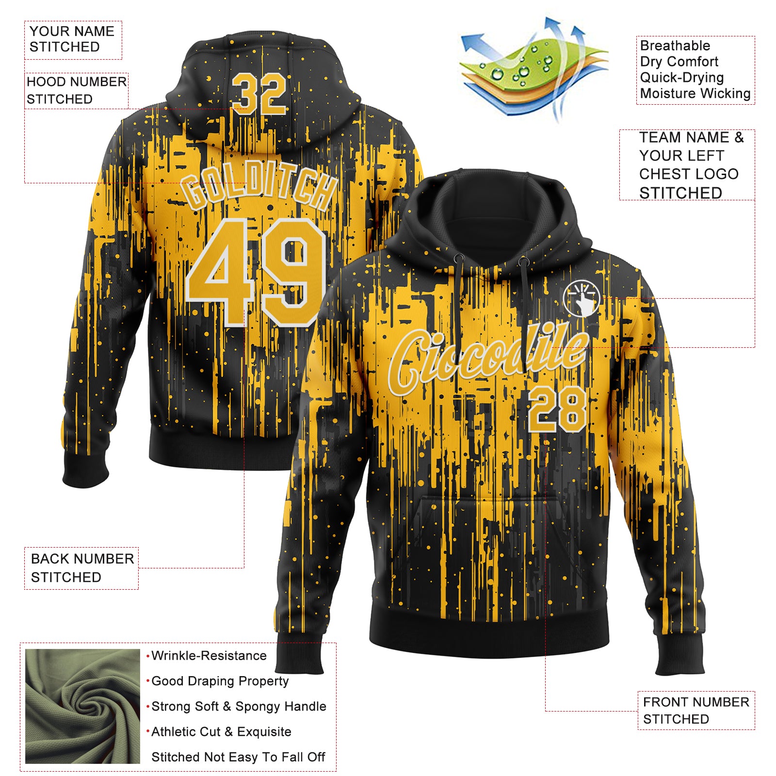 Custom Stitched Black Gold-White Dripping Splatter Sports Pullover Sweatshirt Hoodie