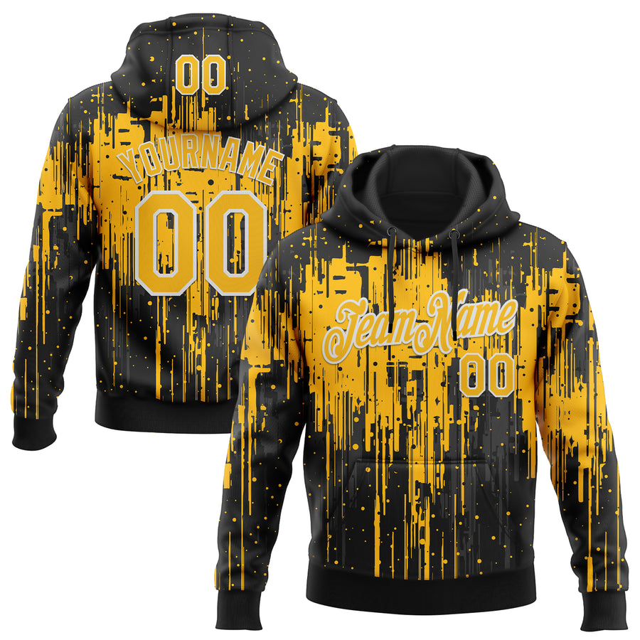 Custom Stitched Black Gold-White Dripping Splatter Sports Pullover Sweatshirt Hoodie