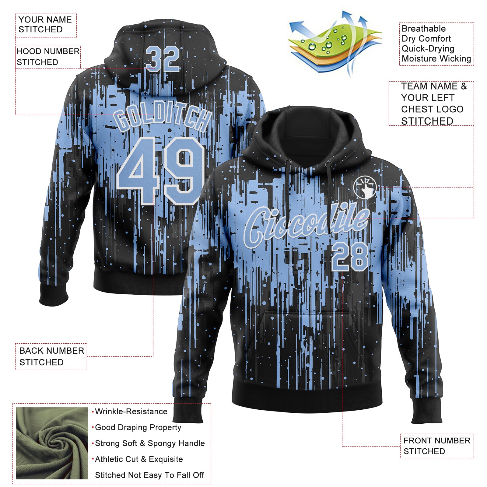 Custom Stitched Black Light Blue-White Dripping Splatter Sports Pullover Sweatshirt Hoodie