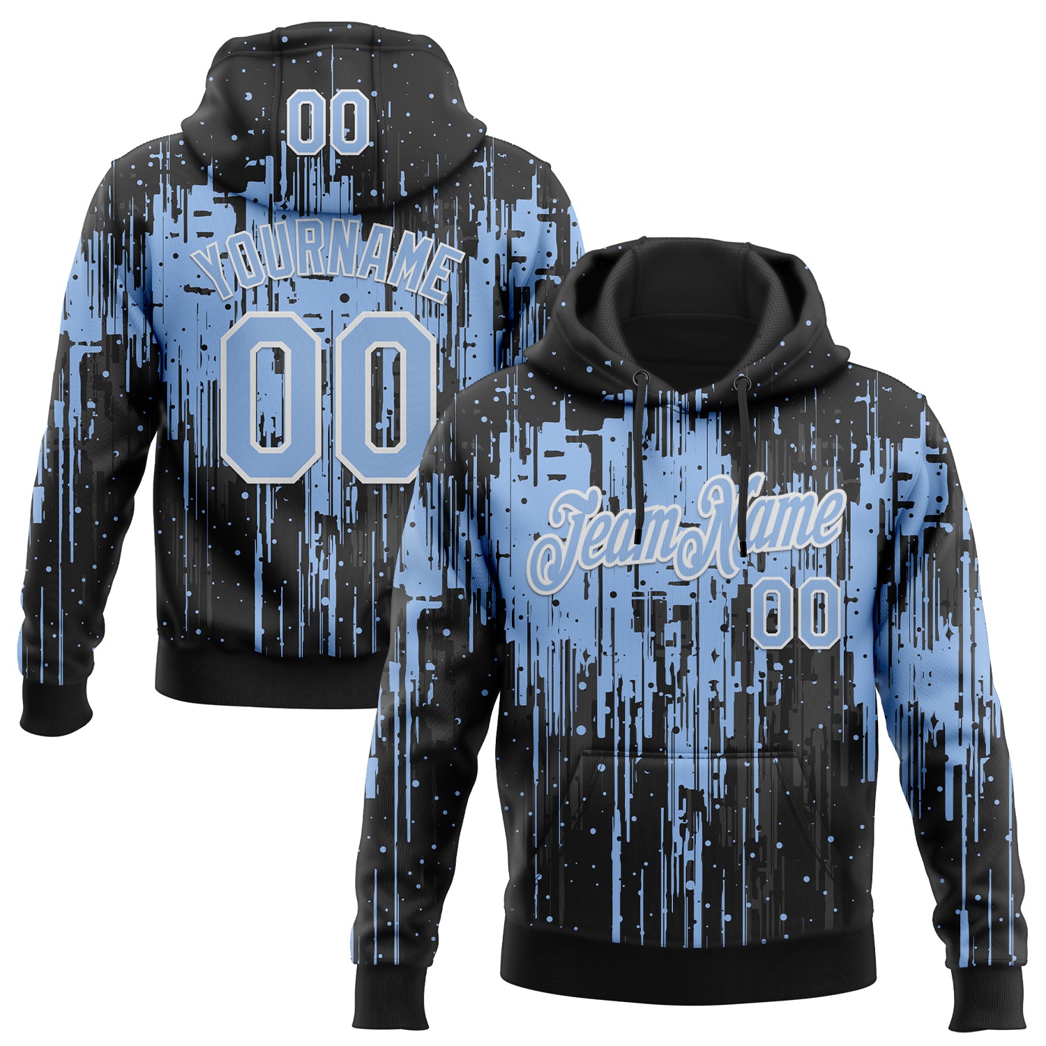 Custom Stitched Black Light Blue-White Dripping Splatter Sports Pullover Sweatshirt Hoodie