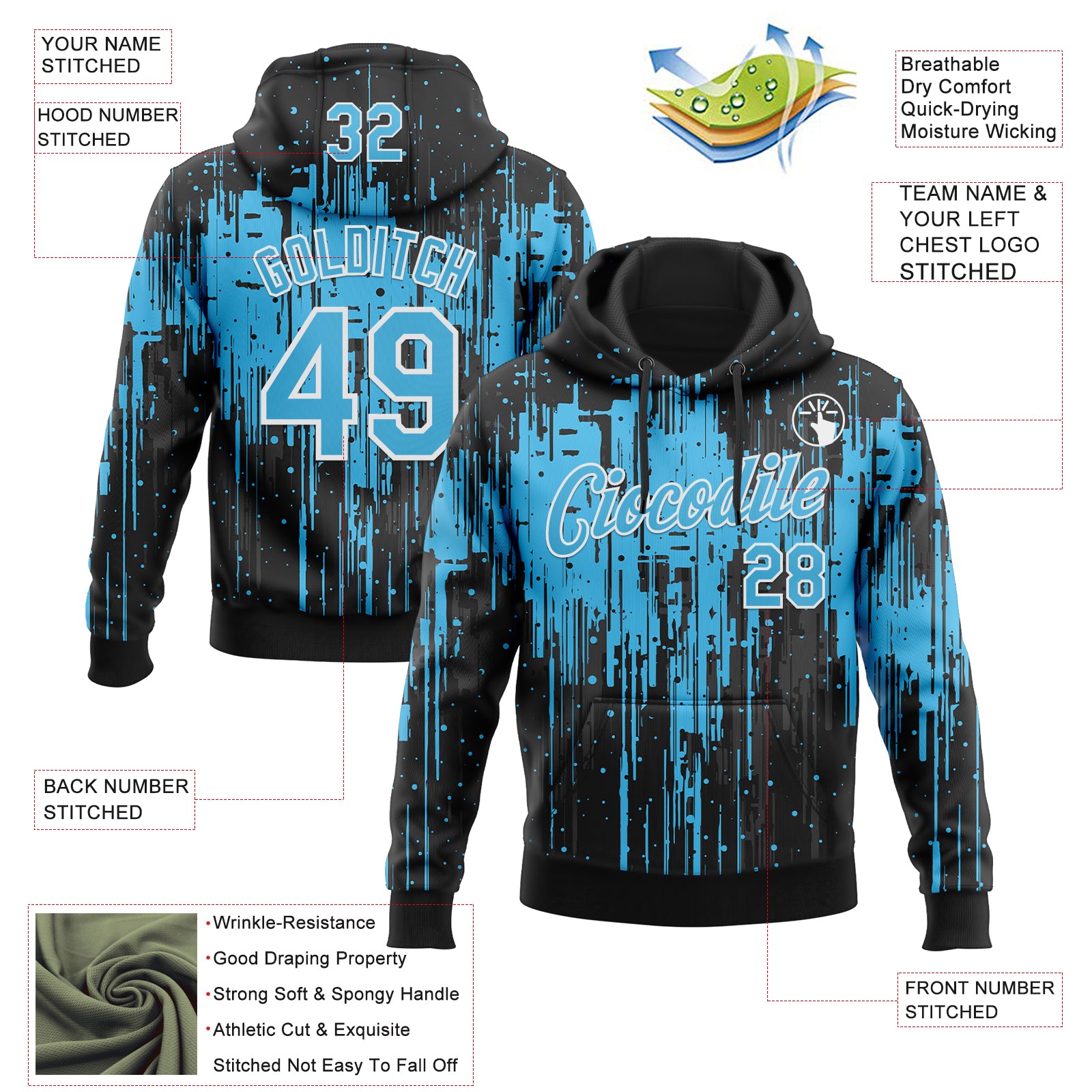 Custom Stitched Black Sky Blue-White Dripping Splatter Sports Pullover Sweatshirt Hoodie