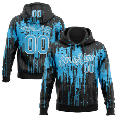 Custom Stitched Black Sky Blue-White Dripping Splatter Sports Pullover Sweatshirt Hoodie