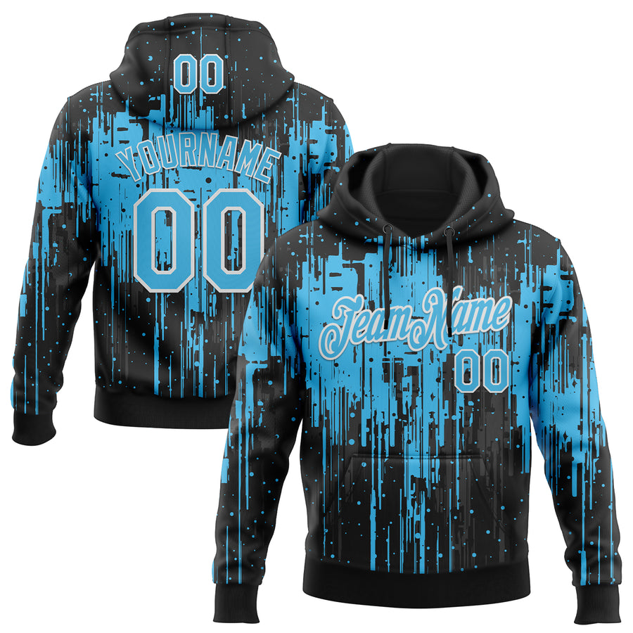 Custom Stitched Black Sky Blue-White Dripping Splatter Sports Pullover Sweatshirt Hoodie
