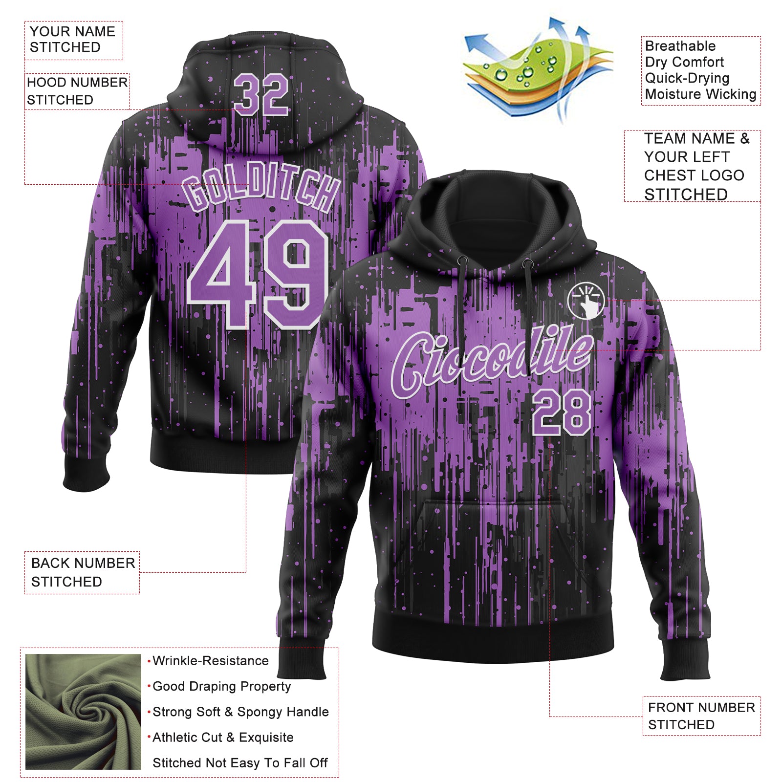 Custom Stitched Black Medium Purple-White Dripping Splatter Sports Pullover Sweatshirt Hoodie