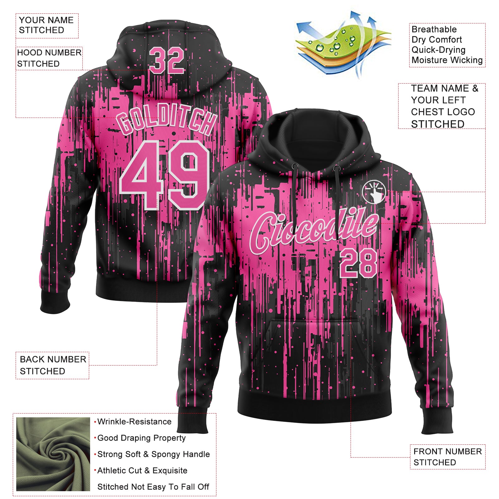 Custom Stitched Black Pink-White Dripping Splatter Sports Pullover Sweatshirt Hoodie
