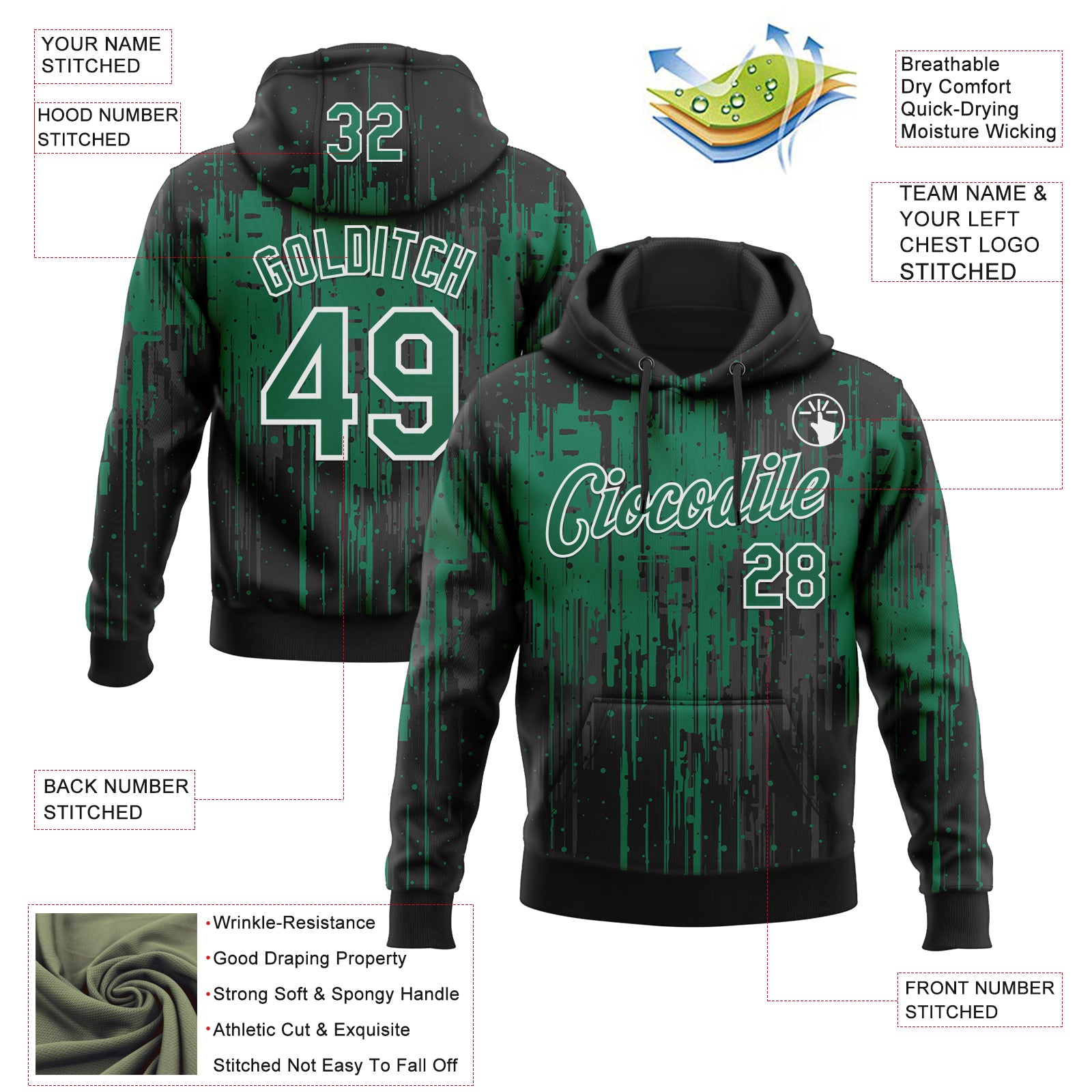 Custom Stitched Black Kelly Green-White Dripping Splatter Sports Pullover Sweatshirt Hoodie