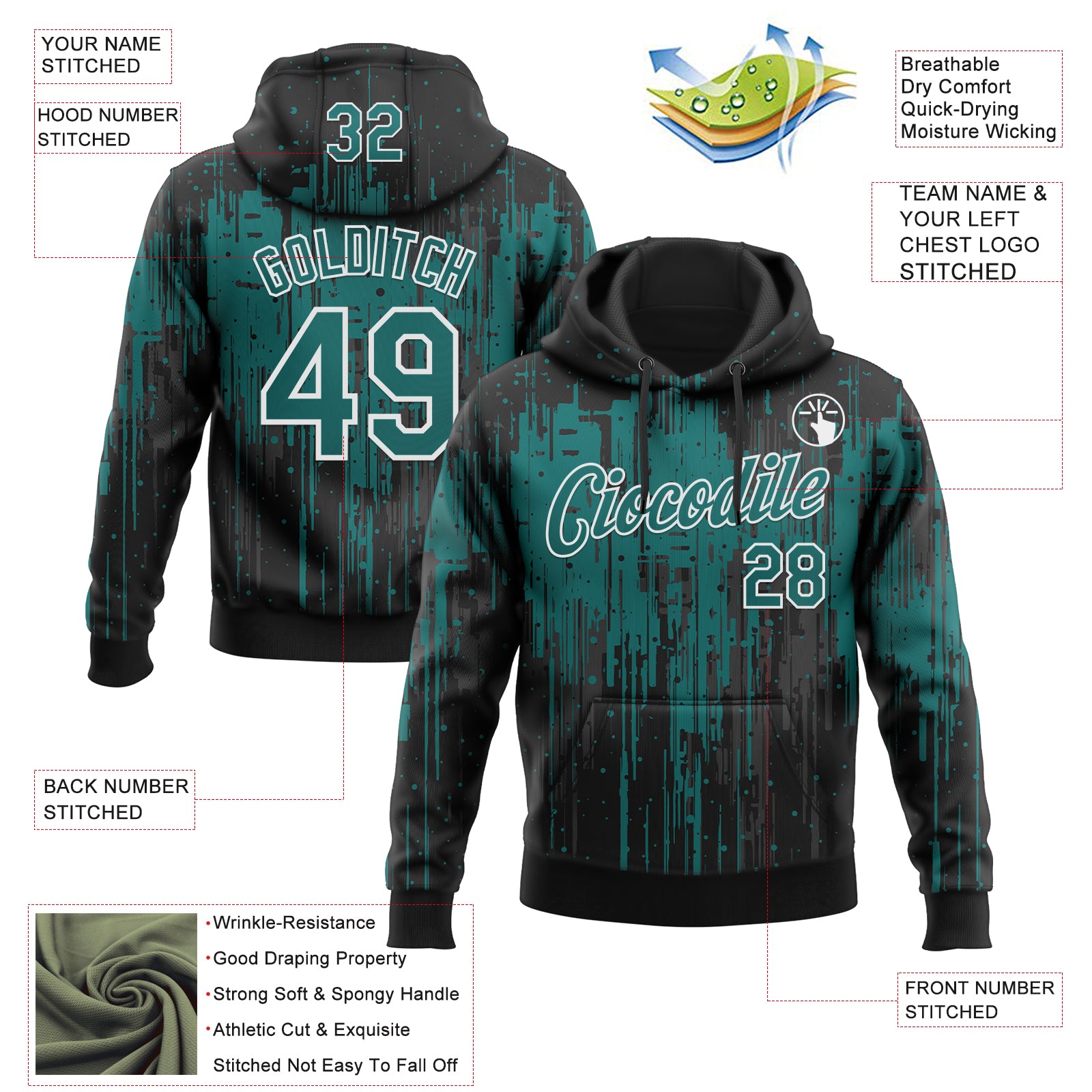 Custom Stitched Black Teal-White Dripping Splatter Sports Pullover Sweatshirt Hoodie