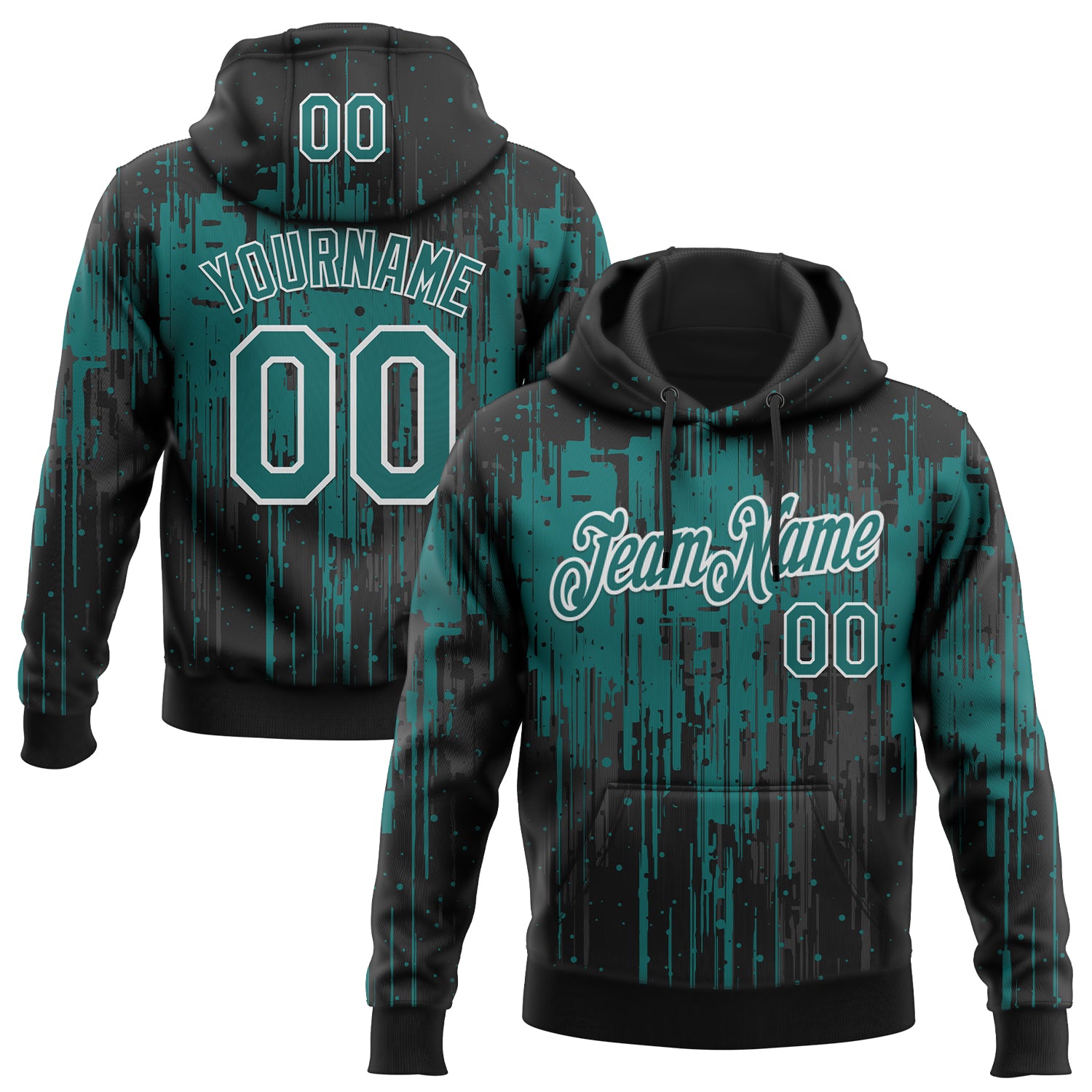 Custom Stitched Black Teal-White Dripping Splatter Sports Pullover Sweatshirt Hoodie