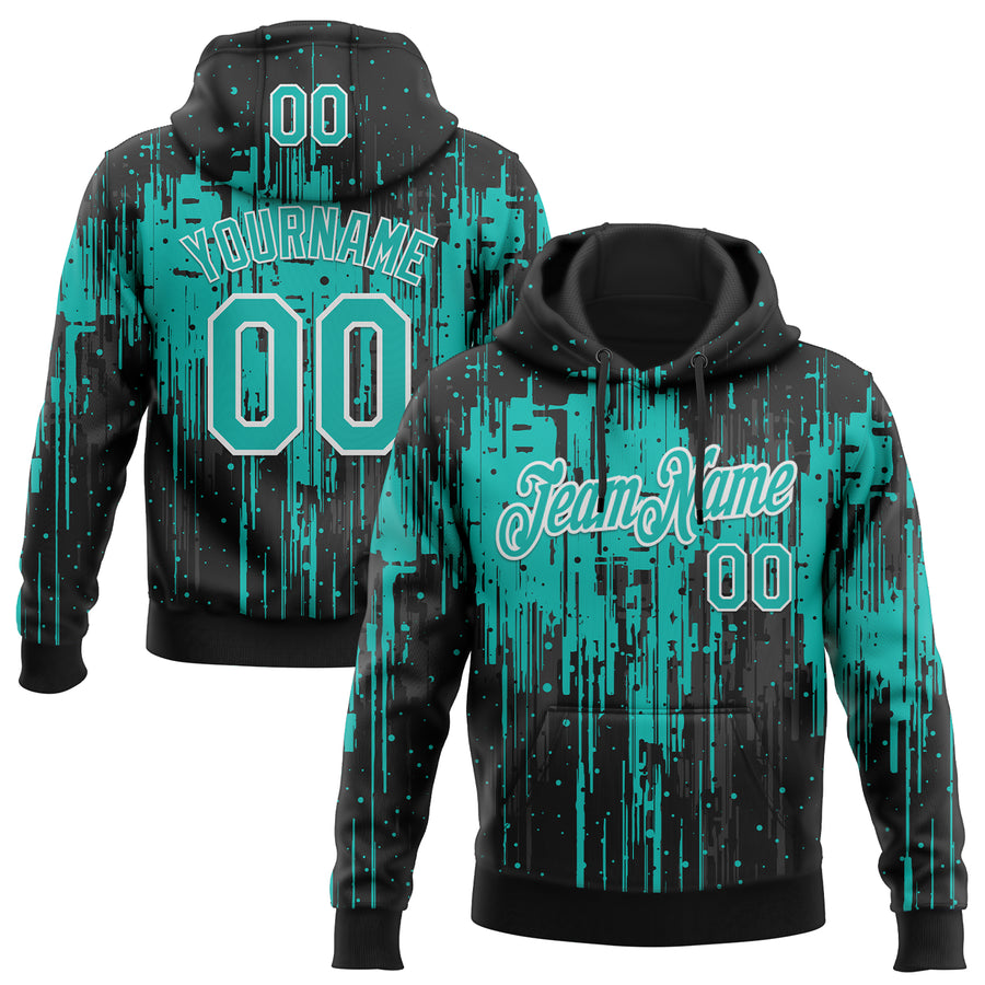 Custom Stitched Black Aqua-White Dripping Splatter Sports Pullover Sweatshirt Hoodie