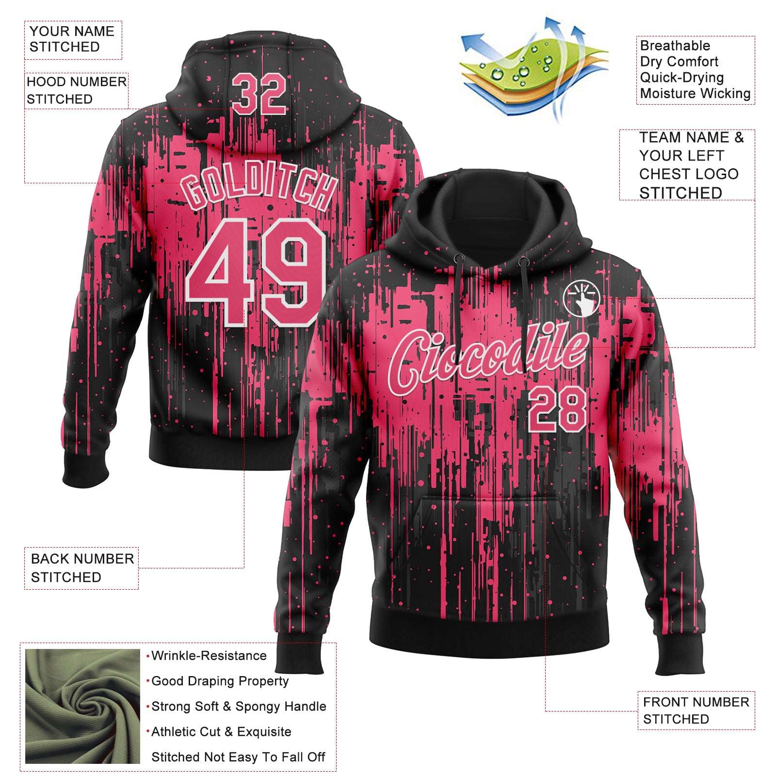 Custom Stitched Black Neon Pink-White Dripping Splatter Sports Pullover Sweatshirt Hoodie
