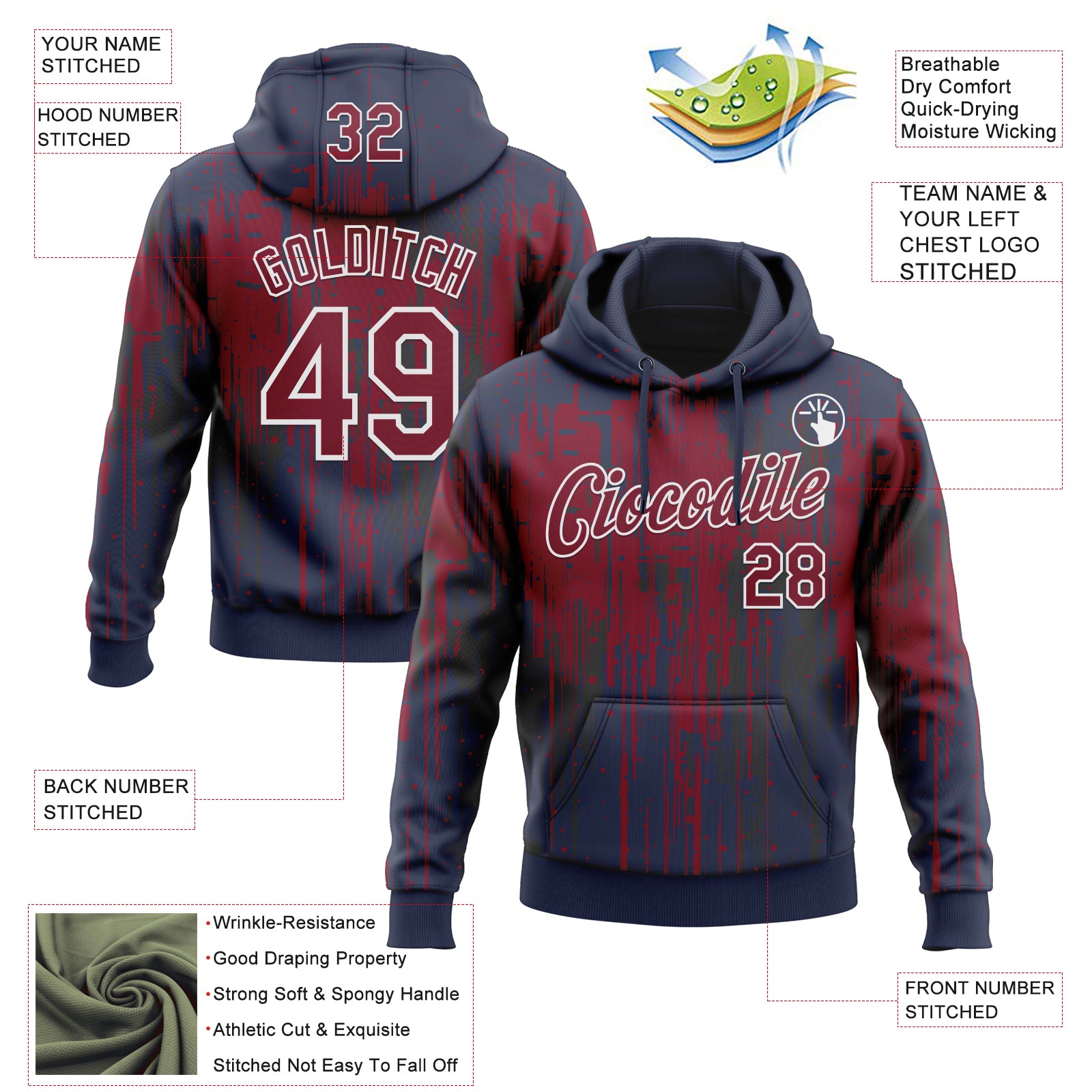 Custom Stitched Navy Crimson-White Dripping Splatter Sports Pullover Sweatshirt Hoodie
