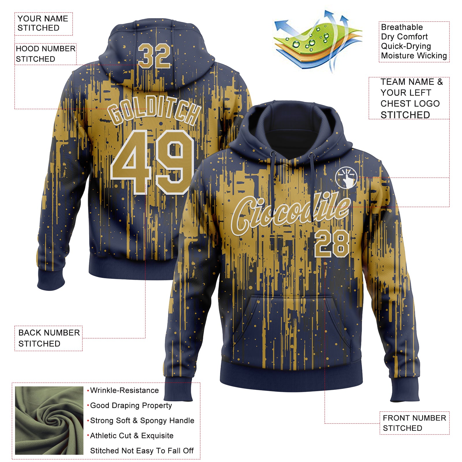 Custom Stitched Navy Old Gold-White Dripping Splatter Sports Pullover Sweatshirt Hoodie