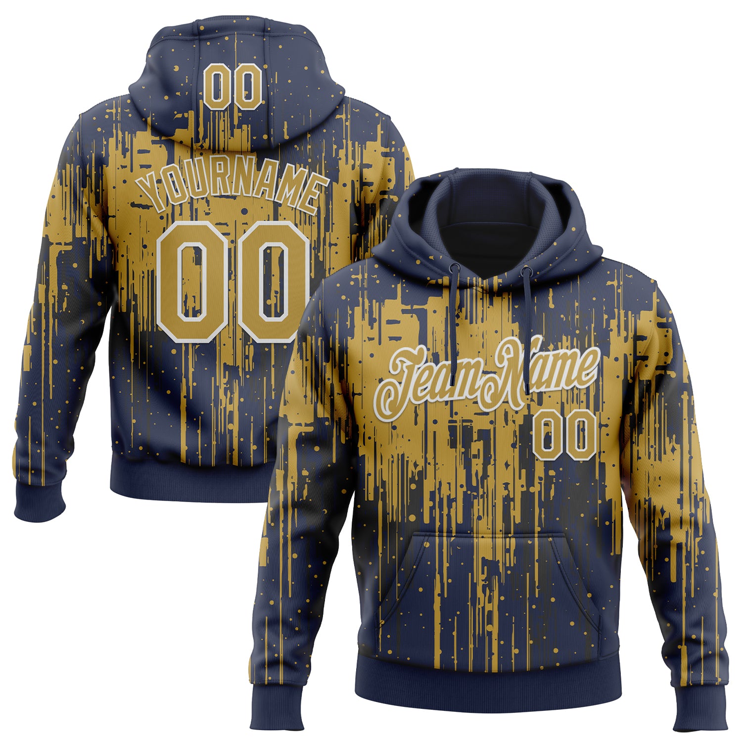 Custom Stitched Navy Old Gold-White Dripping Splatter Sports Pullover Sweatshirt Hoodie