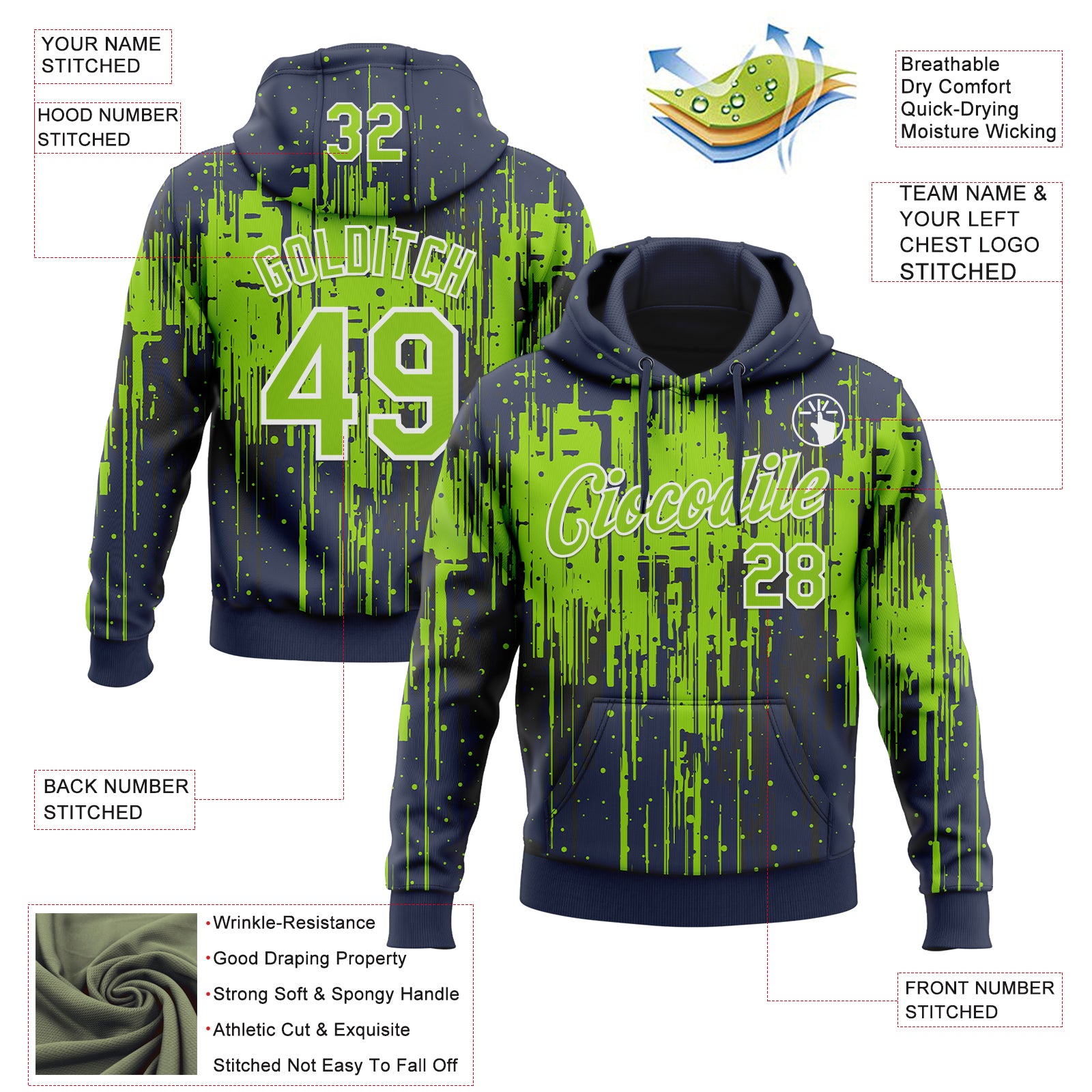 Custom Stitched Navy Neon Green-White Dripping Splatter Sports Pullover Sweatshirt Hoodie