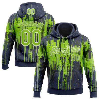 Custom Stitched Navy Neon Green-White Dripping Splatter Sports Pullover Sweatshirt Hoodie