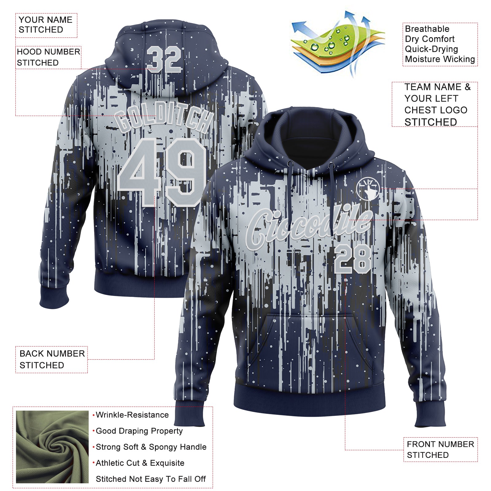 Custom Stitched Navy Silver-White Dripping Splatter Sports Pullover Sweatshirt Hoodie