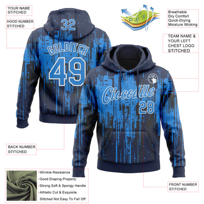 Custom Stitched Navy Powder Blue-White Dripping Splatter Sports Pullover Sweatshirt Hoodie