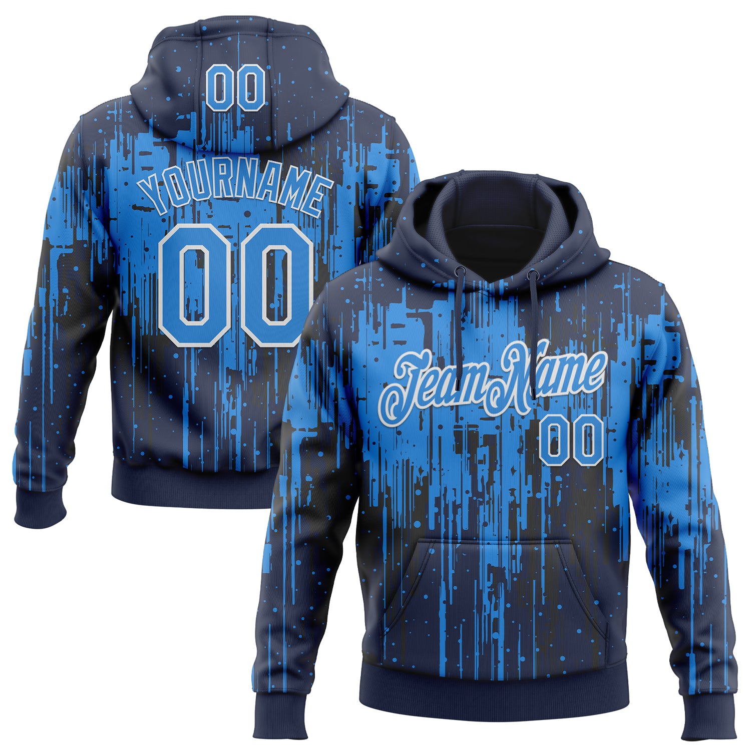 Custom Stitched Navy Powder Blue-White Dripping Splatter Sports Pullover Sweatshirt Hoodie