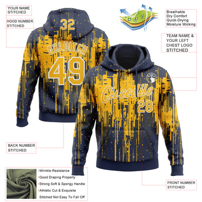 Custom Stitched Navy Gold-White Dripping Splatter Sports Pullover Sweatshirt Hoodie
