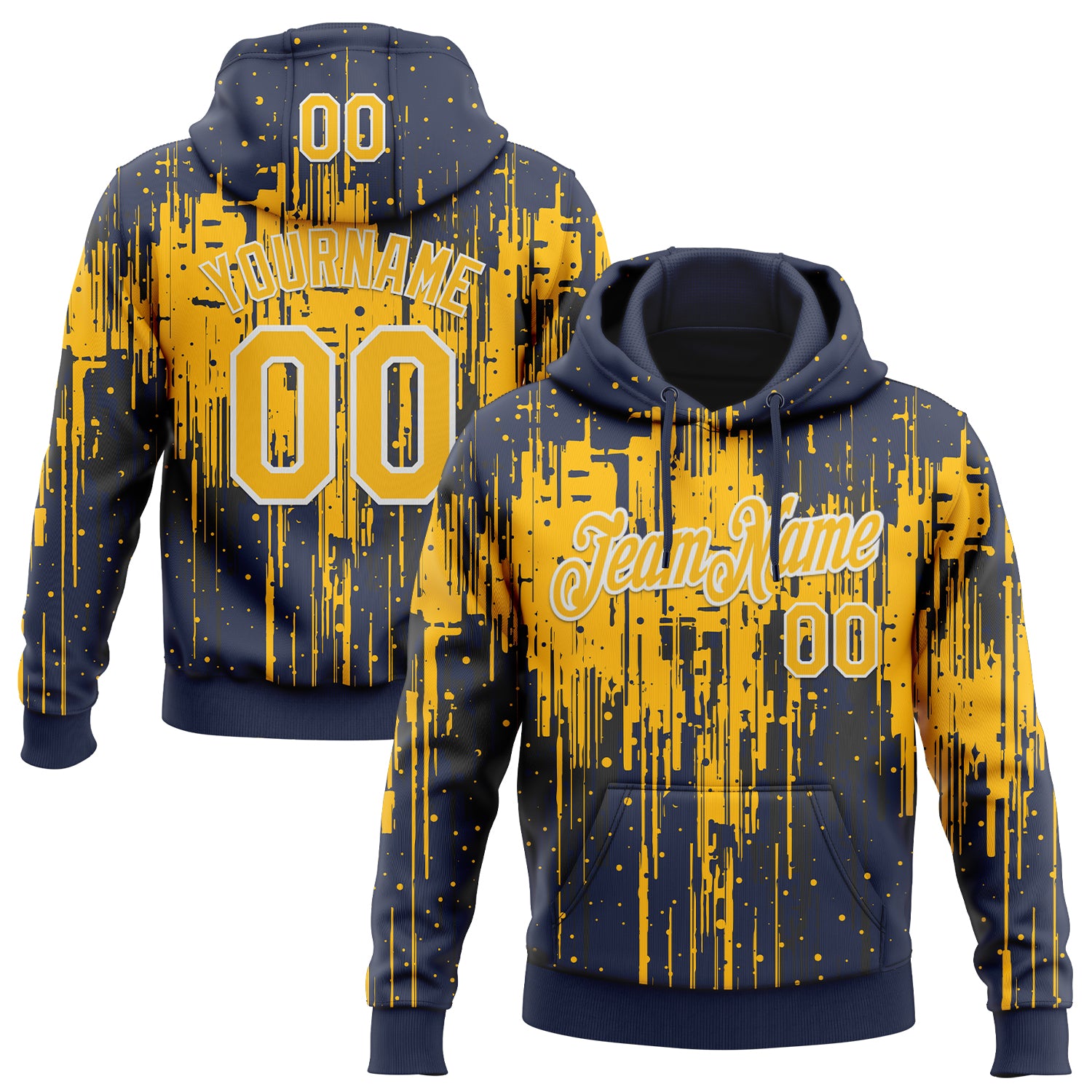 Custom Stitched Navy Gold-White Dripping Splatter Sports Pullover Sweatshirt Hoodie