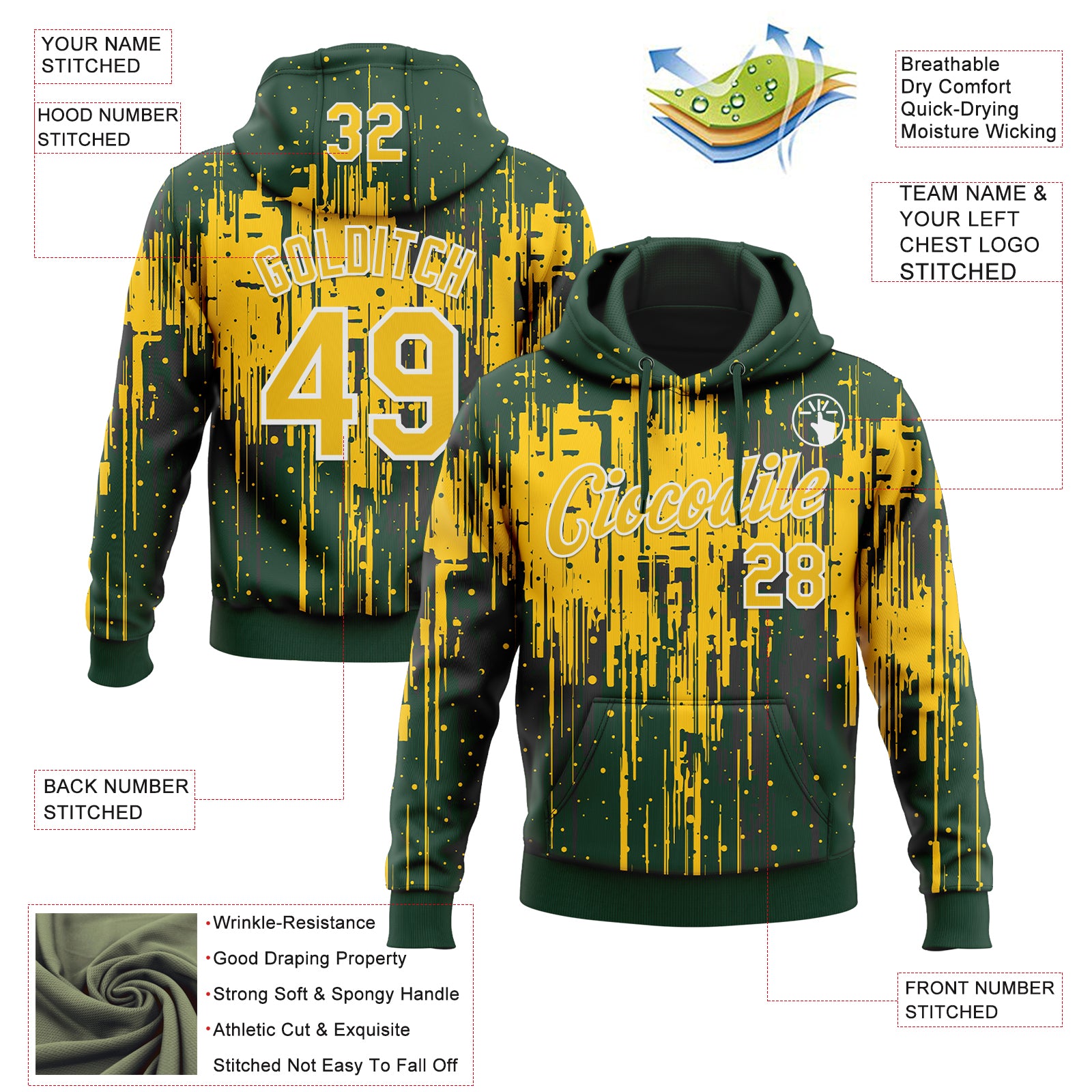 Custom Stitched Green Yellow-White Dripping Splatter Sports Pullover Sweatshirt Hoodie