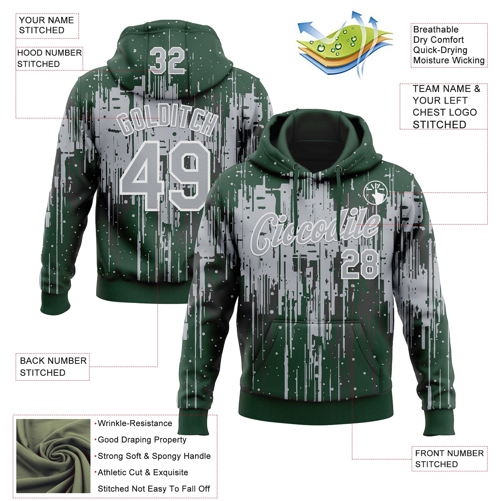 Custom Stitched Green Gray-White Dripping Splatter Sports Pullover Sweatshirt Hoodie