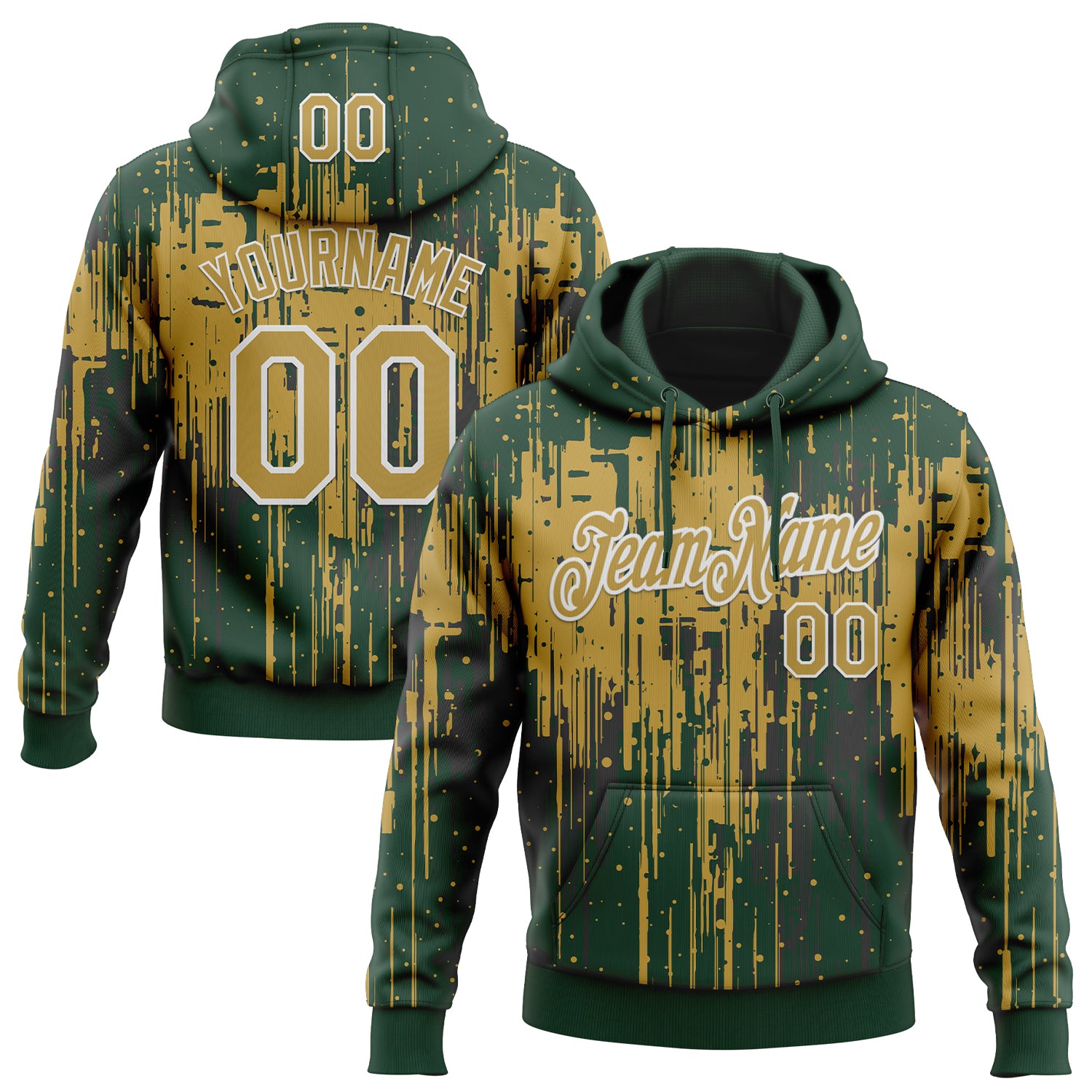 Custom Stitched Green Old Gold-White Dripping Splatter Sports Pullover Sweatshirt Hoodie