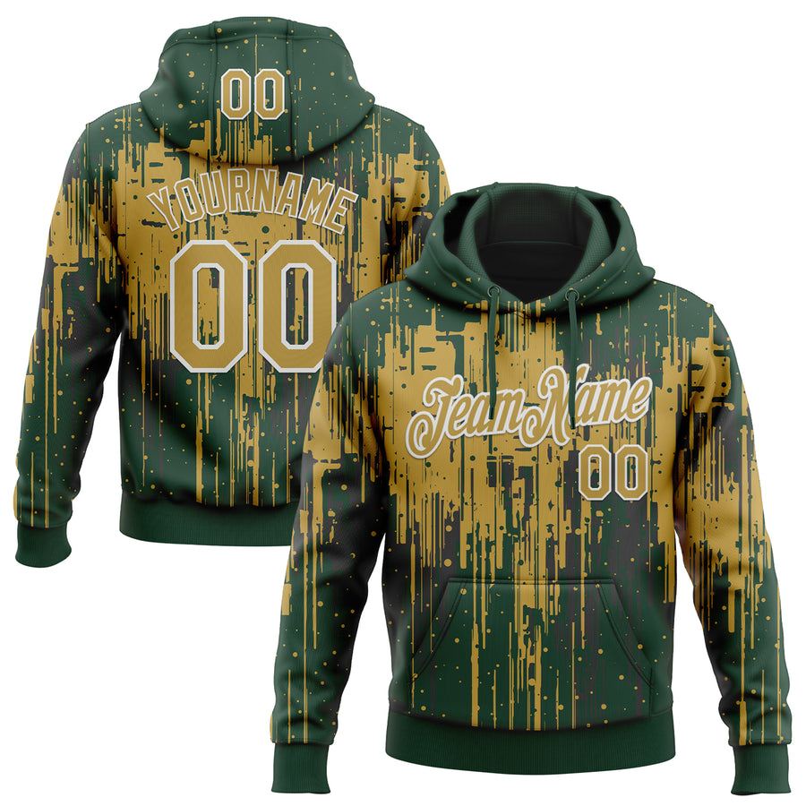 Custom Stitched Green Old Gold-White Dripping Splatter Sports Pullover Sweatshirt Hoodie