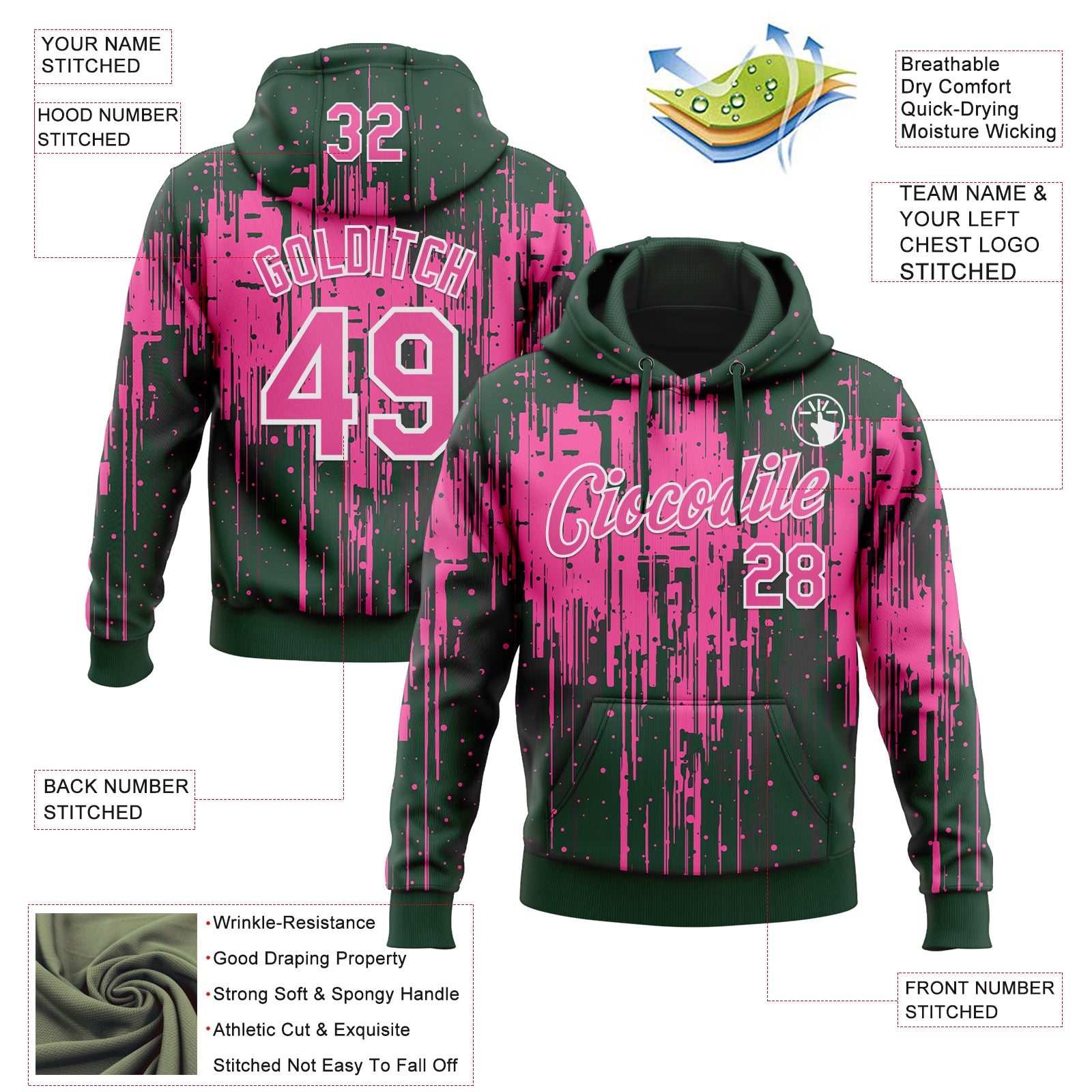 Custom Stitched Green Pink-White Dripping Splatter Sports Pullover Sweatshirt Hoodie