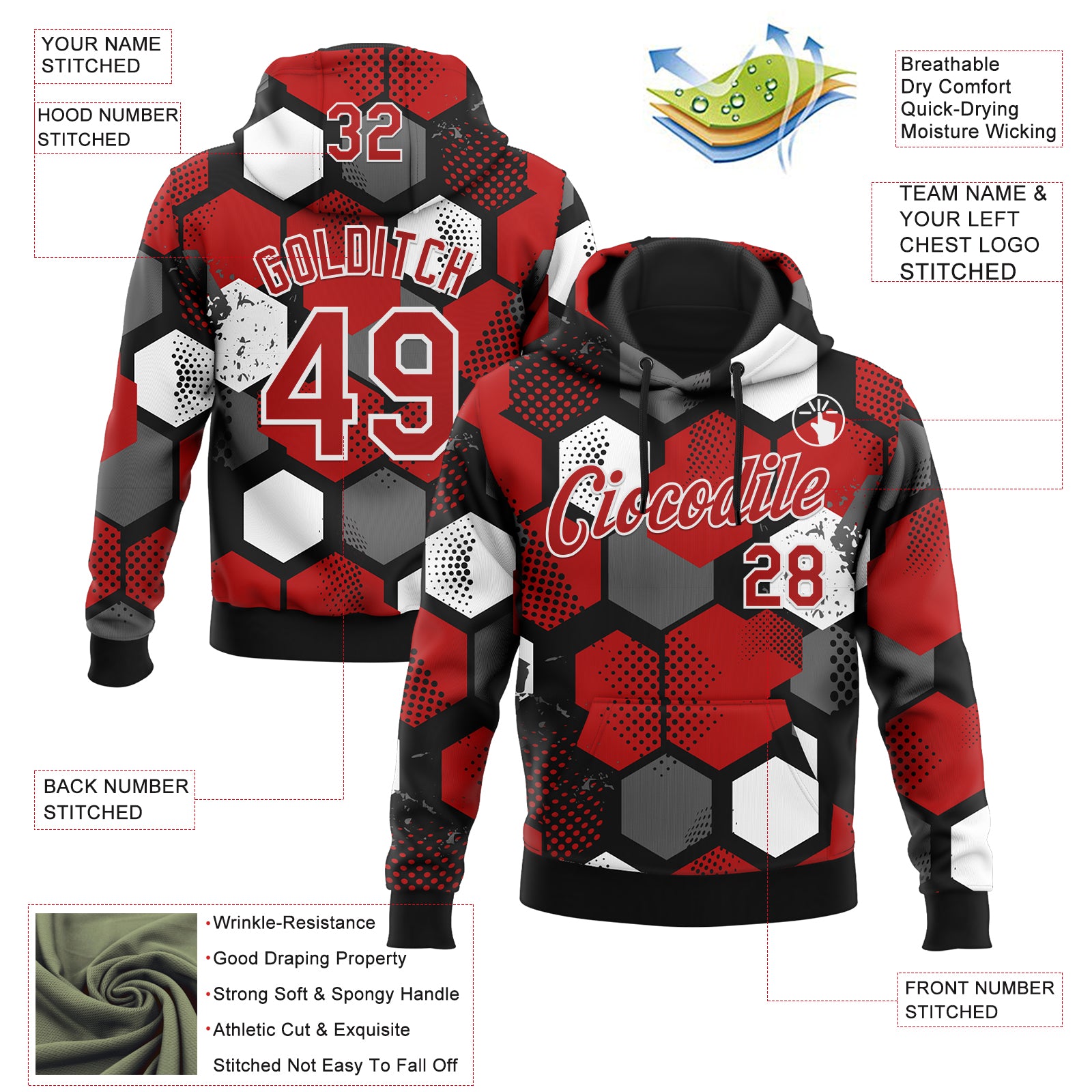 Custom Stitched Black Red-White Geometric Shape Pattern Sports Pullover Sweatshirt Hoodie