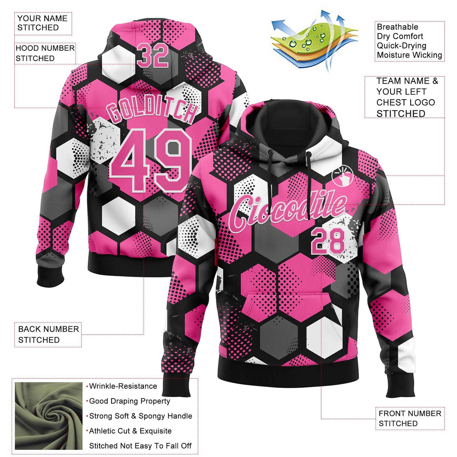 Custom Stitched Black Pink-White Geometric Shape Pattern Sports Pullover Sweatshirt Hoodie