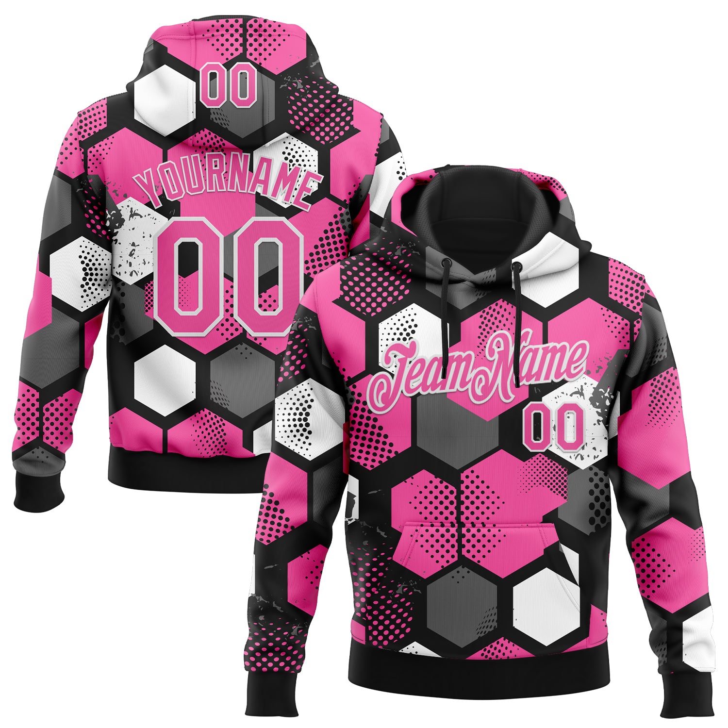 Custom Stitched Black Pink-White Geometric Shape Pattern Sports Pullover Sweatshirt Hoodie