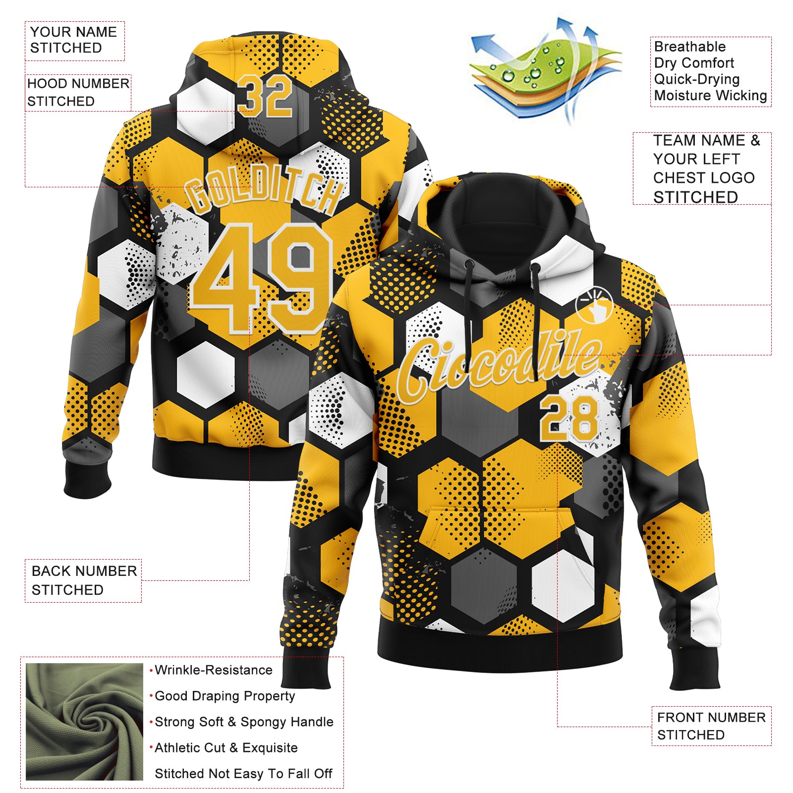 Custom Stitched Black Gold-White Geometric Shape Pattern Sports Pullover Sweatshirt Hoodie