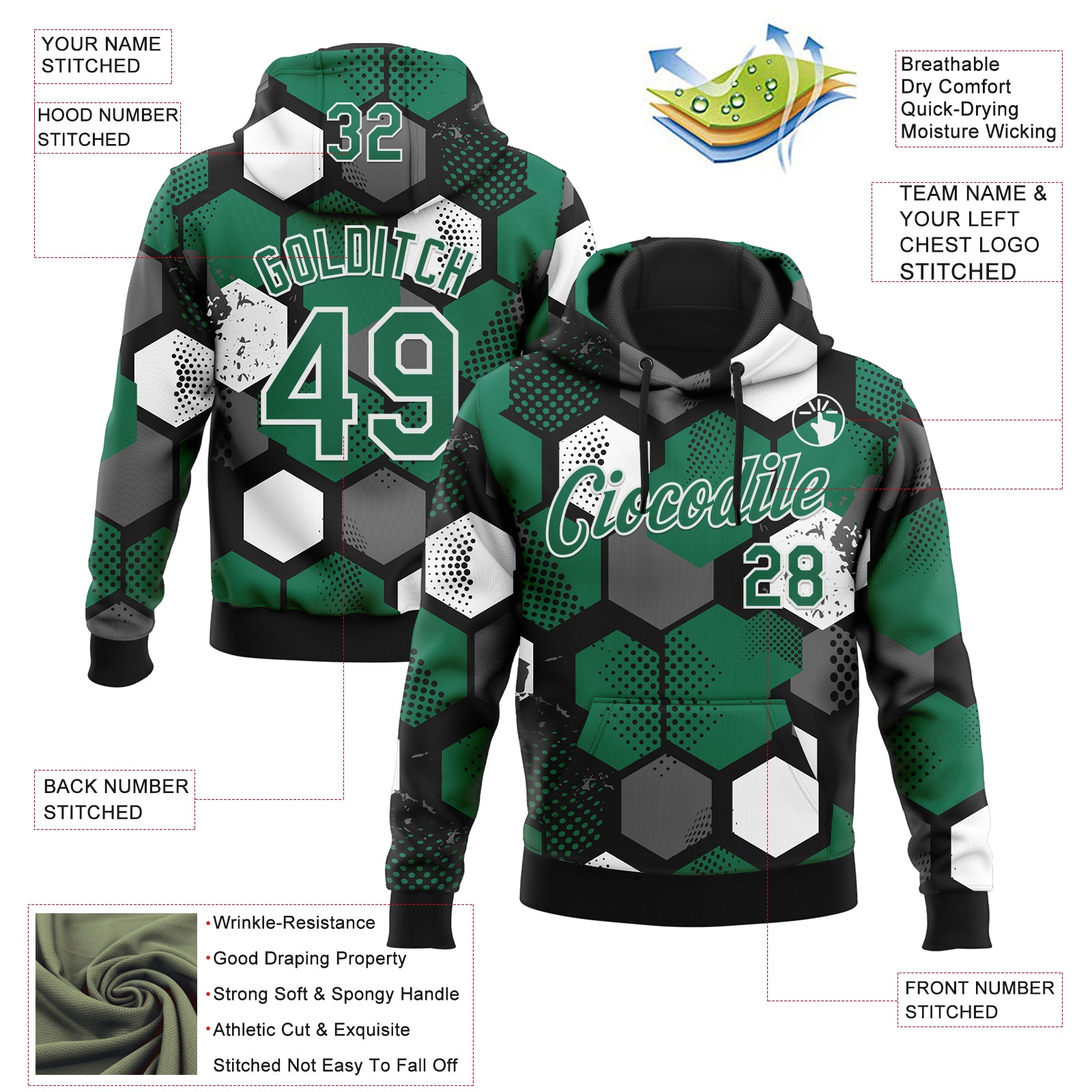 Custom Stitched Black Kelly Green-White Geometric Shape Pattern Sports Pullover Sweatshirt Hoodie