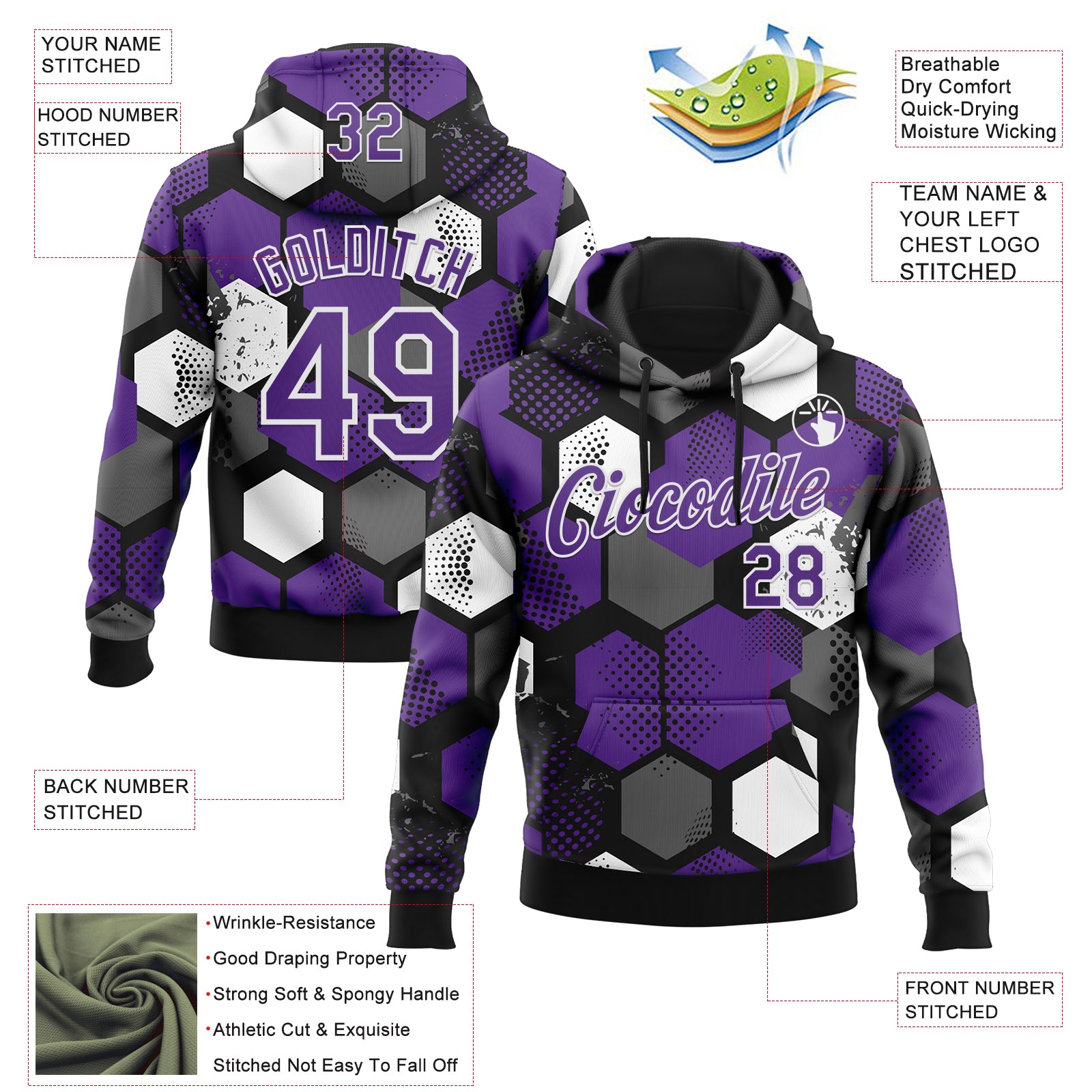 Custom Stitched Black Purple-White Geometric Shape Pattern Sports Pullover Sweatshirt Hoodie