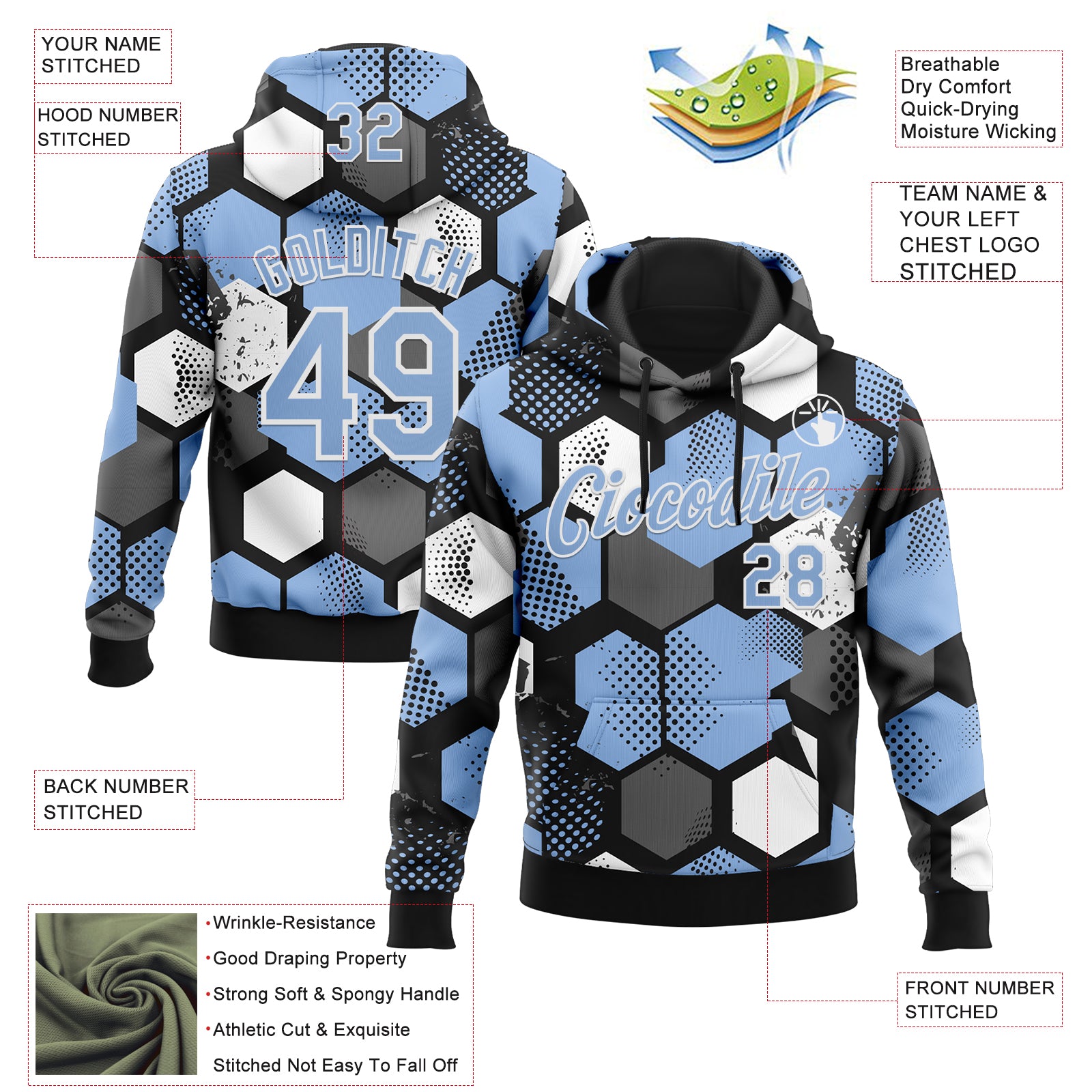 Custom Stitched Black Light Blue-White Geometric Shape Pattern Sports Pullover Sweatshirt Hoodie
