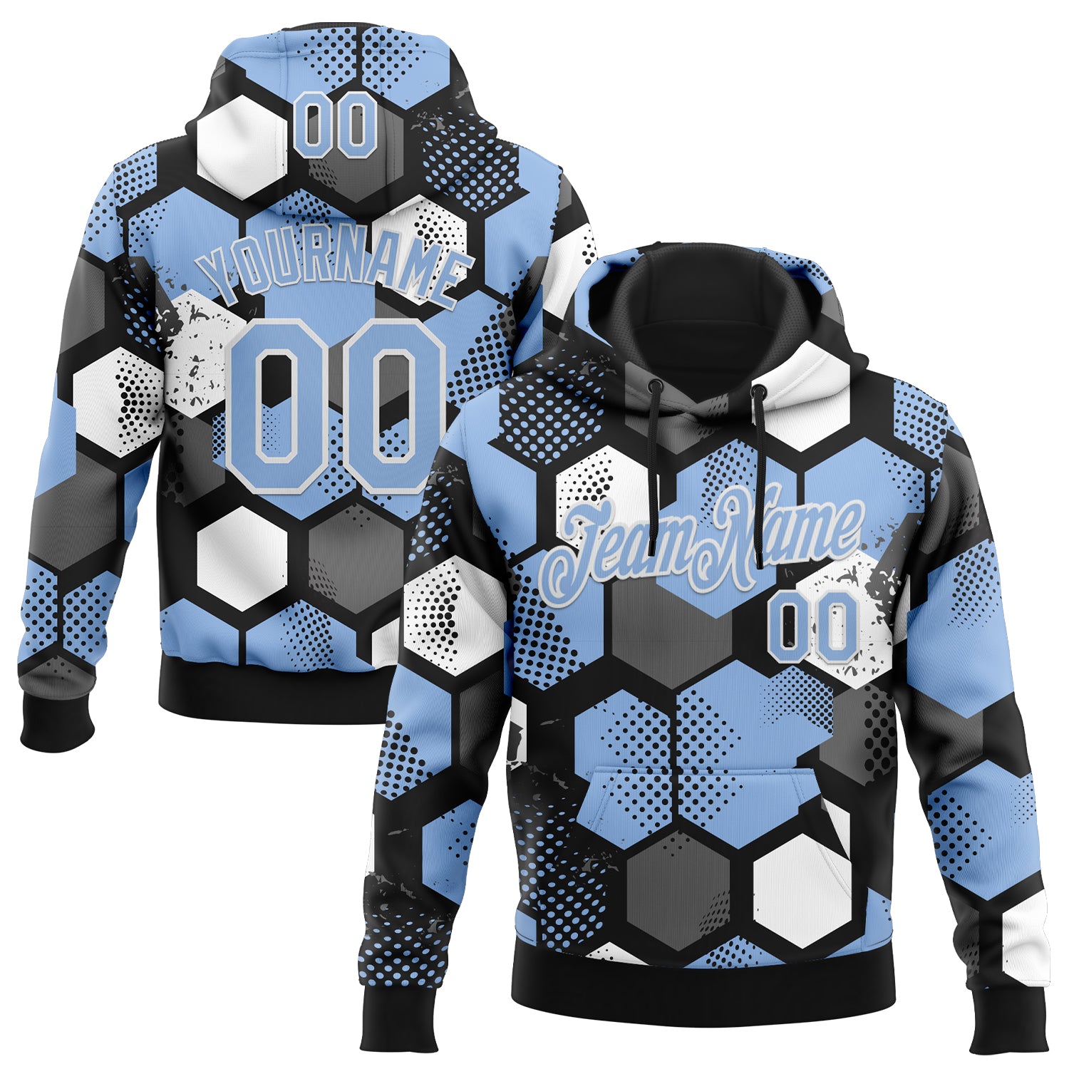 Custom Stitched Black Light Blue-White Geometric Shape Pattern Sports Pullover Sweatshirt Hoodie