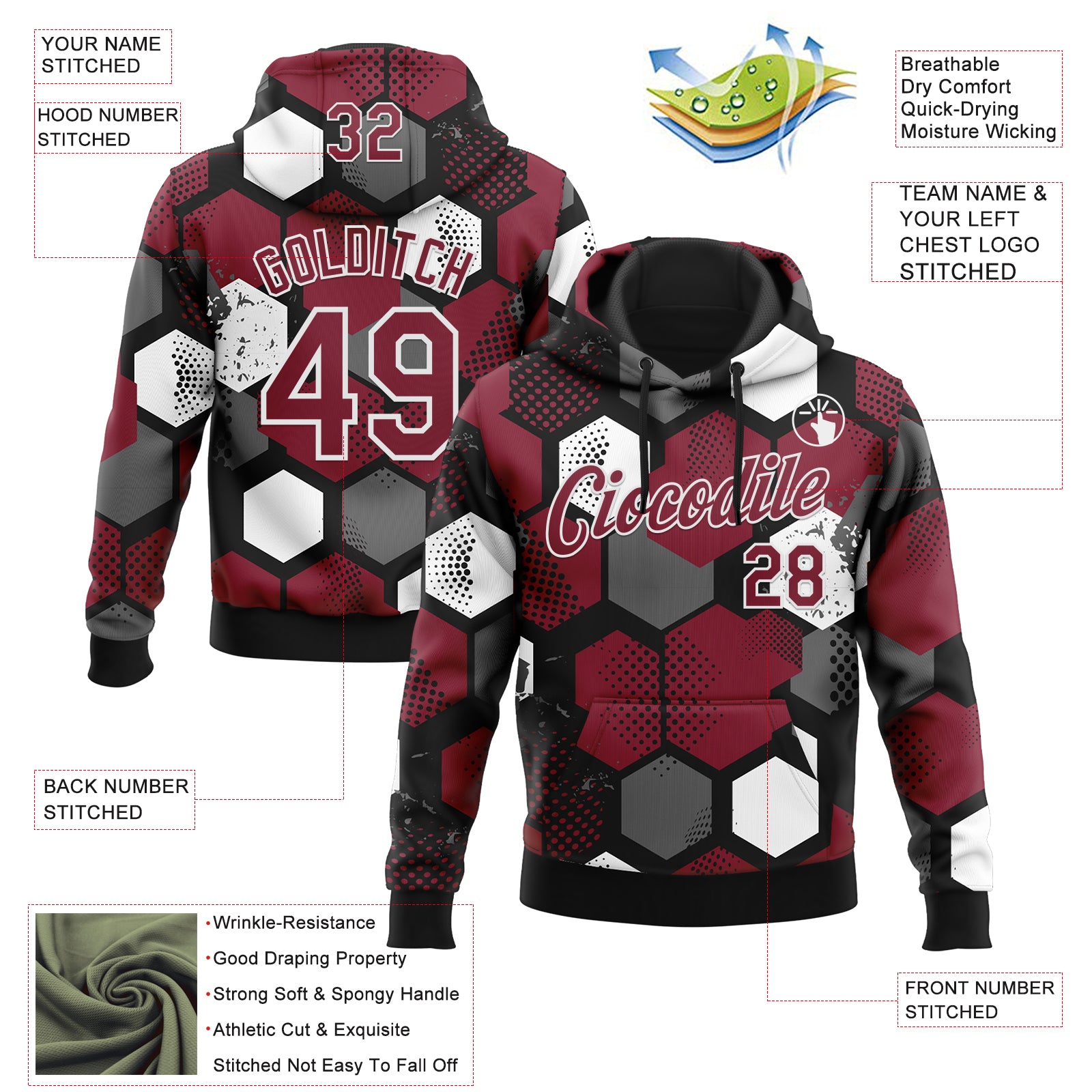 Custom Stitched Black Crimson-White Geometric Shape Pattern Sports Pullover Sweatshirt Hoodie