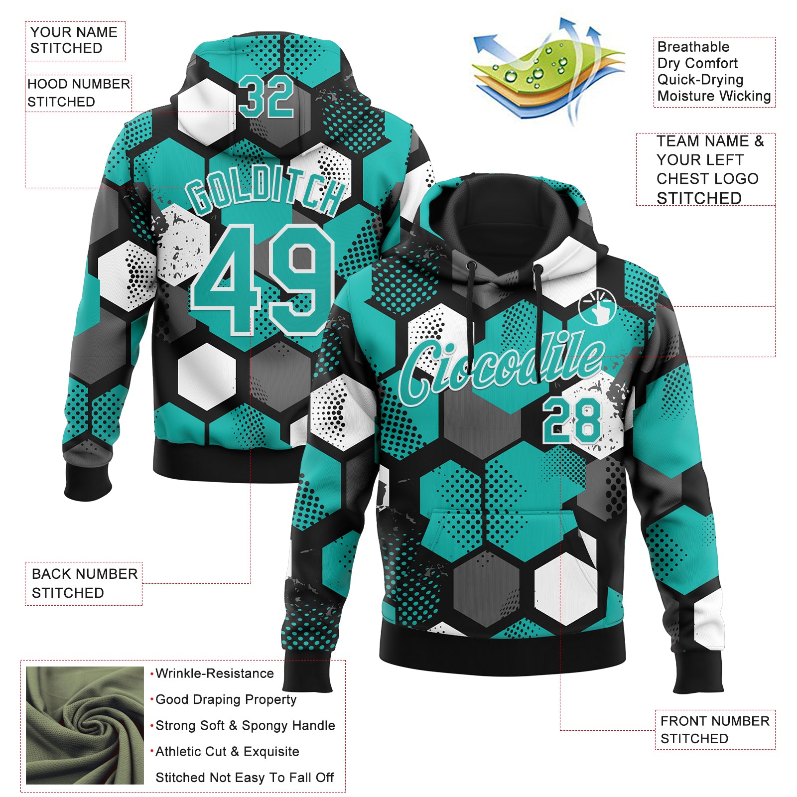 Custom Stitched Black Aqua-White Geometric Shape Pattern Sports Pullover Sweatshirt Hoodie
