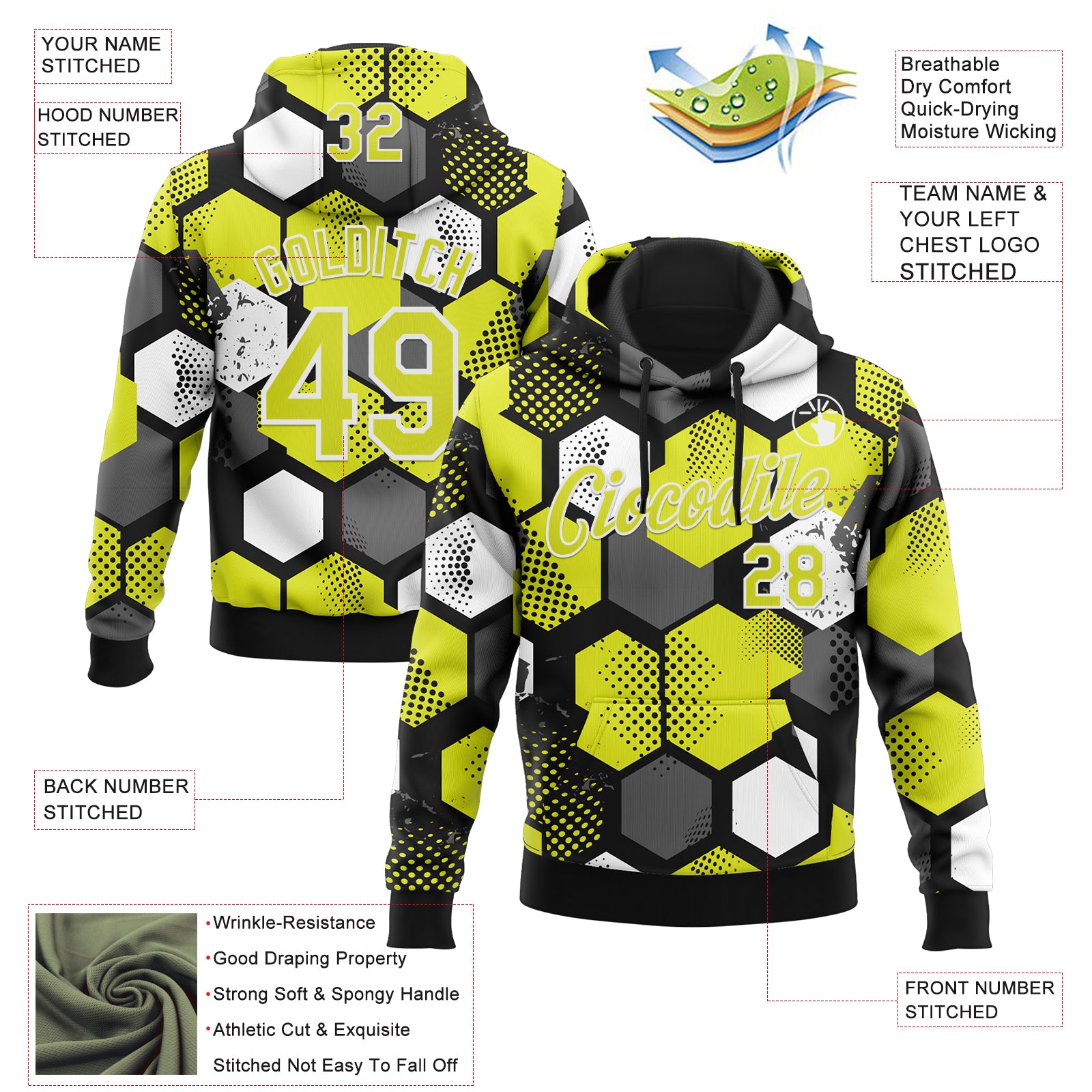 Custom Stitched Black Neon Yellow-White Geometric Shape Pattern Sports Pullover Sweatshirt Hoodie